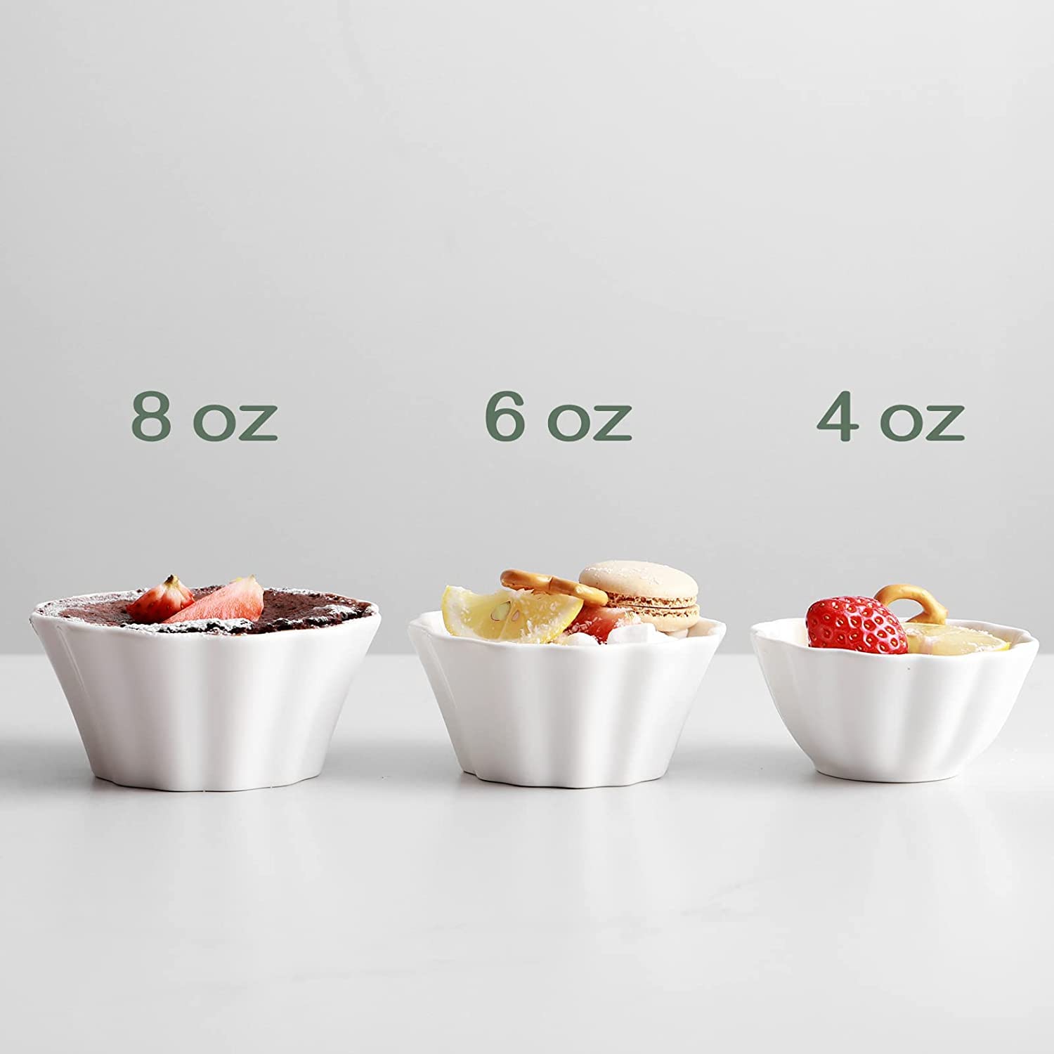 DOWAN 6 oz Porcelain Ramekins Set of 6 - Oven Safe Flower-Shaped Baking Dishes for Creme Brulee, Pudding, Souffle, Custard & Dipping Sauces - Perfect for Desserts, Appetizers & Entertaining (White)