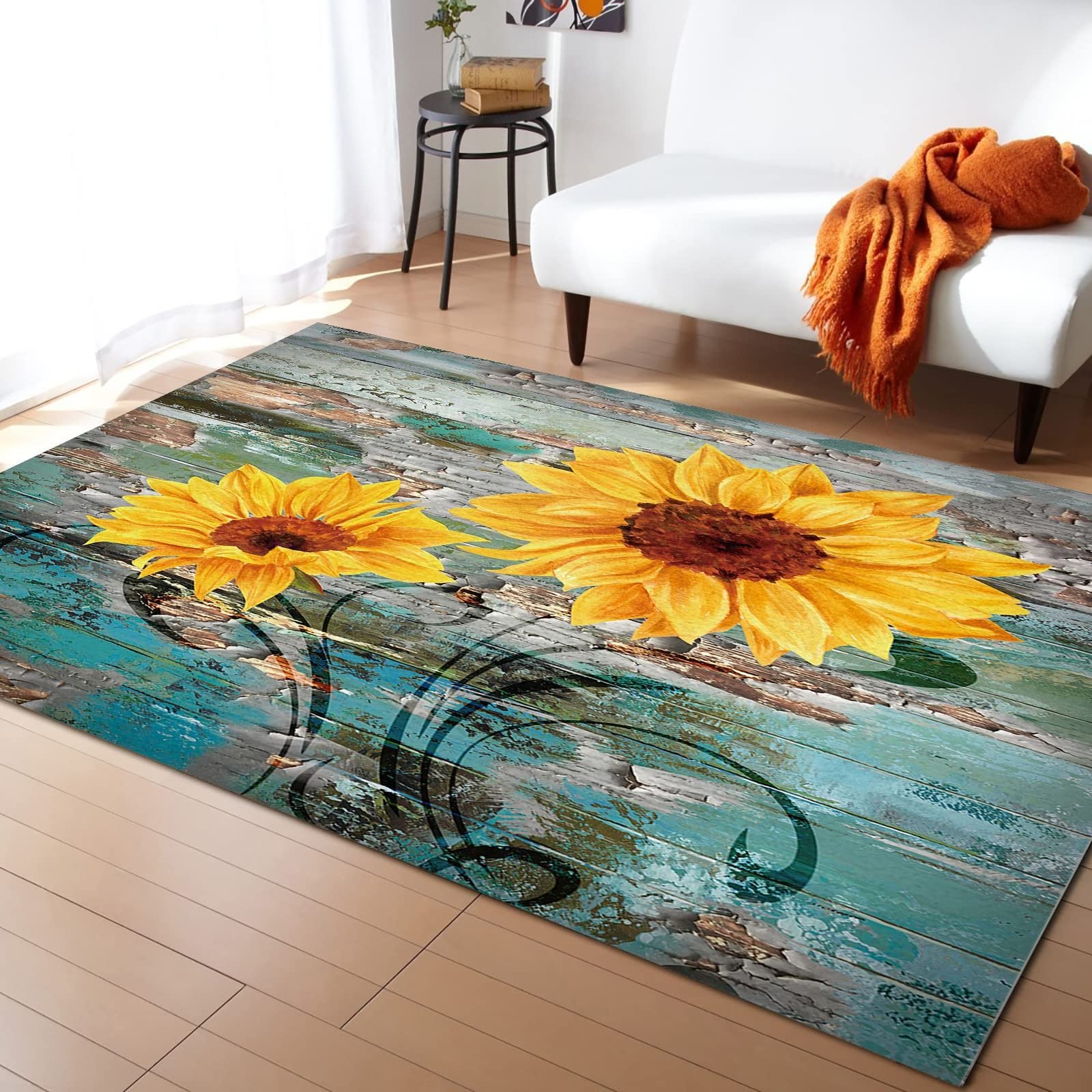 Farmhouse Sunflower Area Rug 6'x8' - Floral Wood Pattern Soft Washable Carpet with Non-Slip Backing for Living Room, Bedroom, Nursery & Home Decor | Boho Chic Floor Mat for Farmhouse, Cottage & Vintage Style Interiors