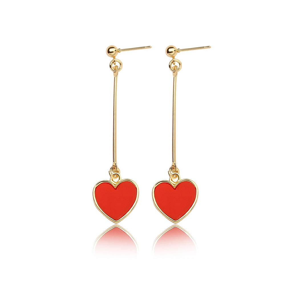 Long Red Love Dangle Stud Earrings for Women - Geometric Heart Drop Earrings with Black & Peach Accents | Perfect Birthday Gift for Her | Valentine's Day, Anniversary & Romantic Occasions