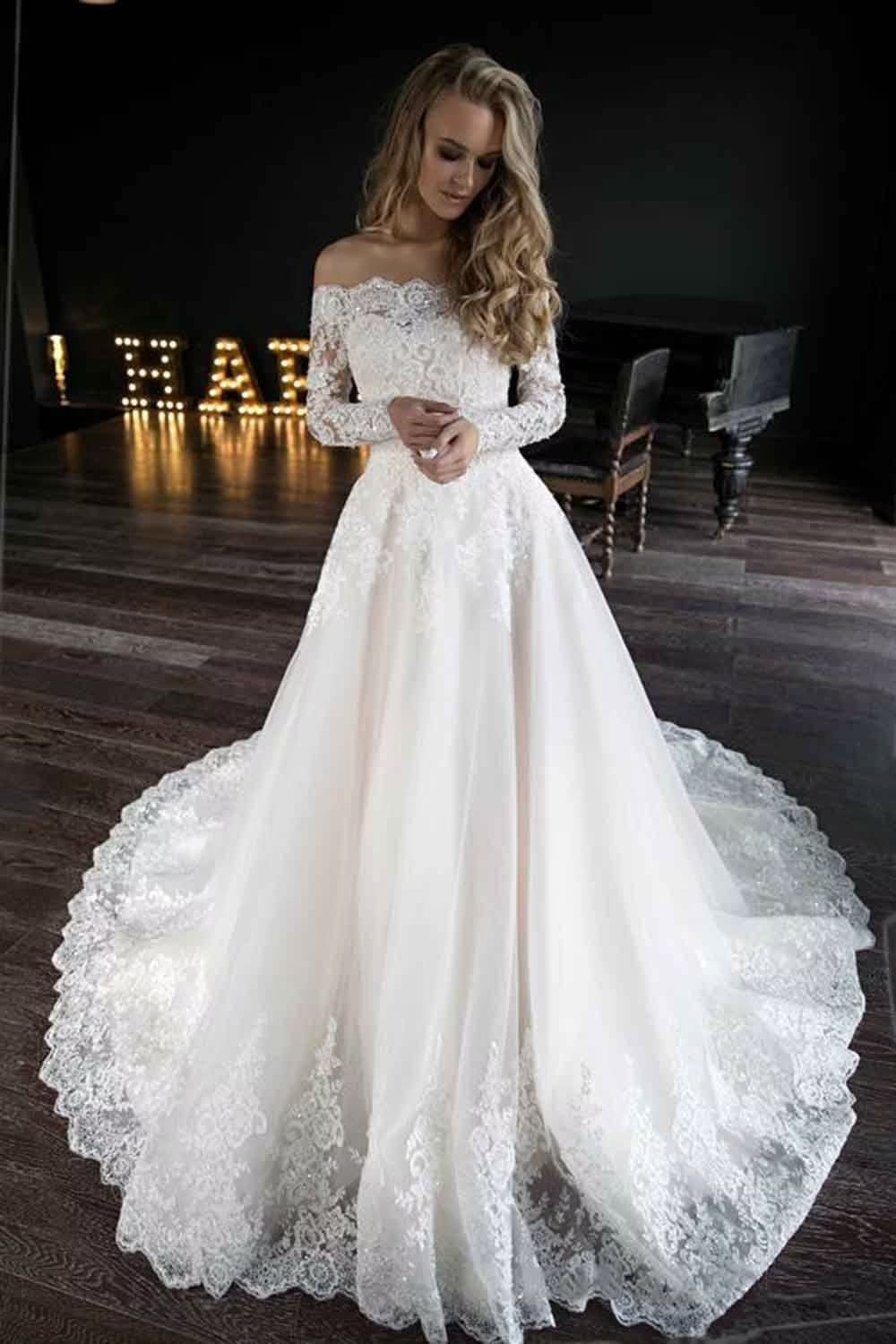 Off Shoulder Long Sleeve Beaded Lace Wedding Dress for Bride - Elegant A-Line Bridal Gown for Women | Perfect for Church, Beach, and Garden Weddings