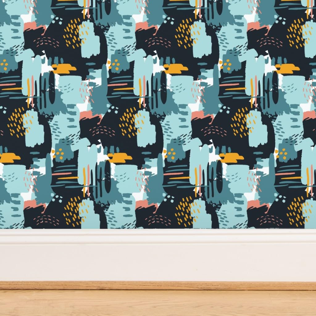 Commercial Grade Spoonflower Wallpaper Swatch - Large Painterly Blue & Gold Abstract Design with Paint Brush Motif | Perfect for Kids' Rooms, Nurseries & Modern Home Decor