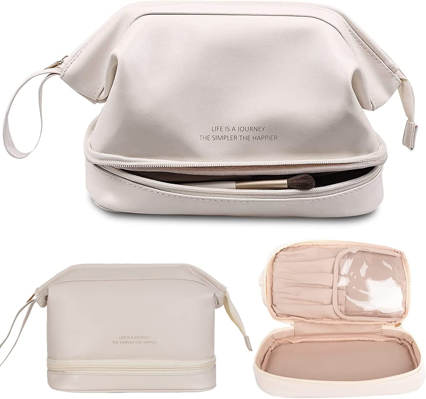 Premium Double Layer Leather Cosmetic Bag for Women - Waterproof Travel Makeup Organizer & Toiletry Pouch (White) | Perfect for Vacation, Gym, Business Trips & Daily Essentials Storage