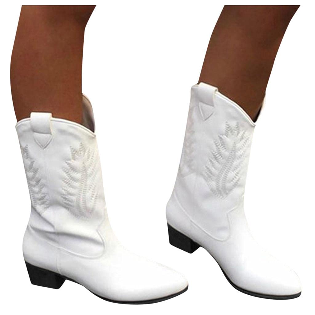 Fukasse Women's Western Cowboy Boots - Vintage Leather Mid Calf Riding Boots with Round Toe & Chunky Block Heel | Wide Calf Cowgirl Boots for Winter, Fall, Work & Dress | Black & White Ankle Booties for Ladies