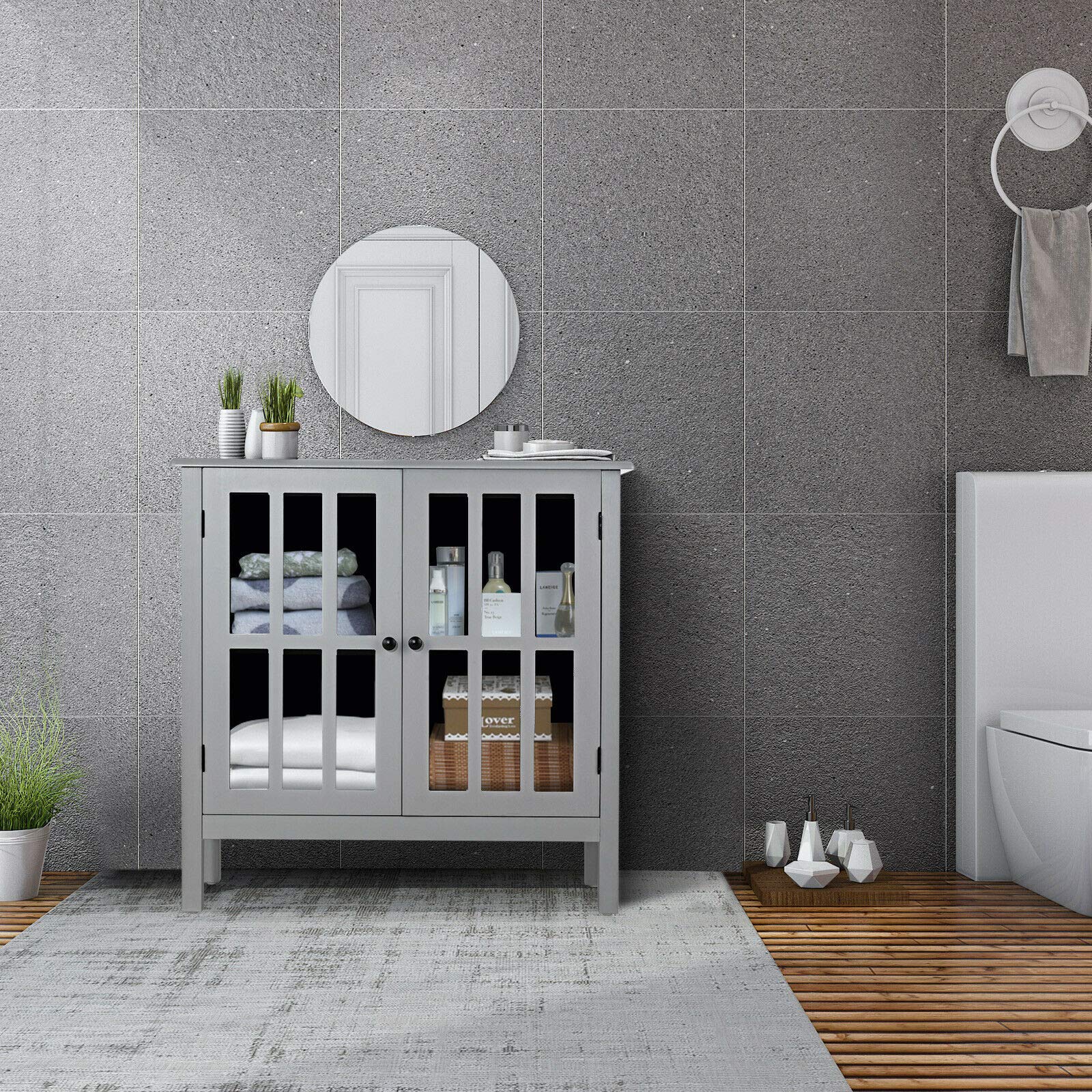Modern Elegant Storage Buffet Cabinet Console Table Sideboard with Glass Door - Sturdy & Durable Free Standing Furniture for Bathroom, Hallway, Living Room - Perfect for Home Organization & Stylish Decor in Gray