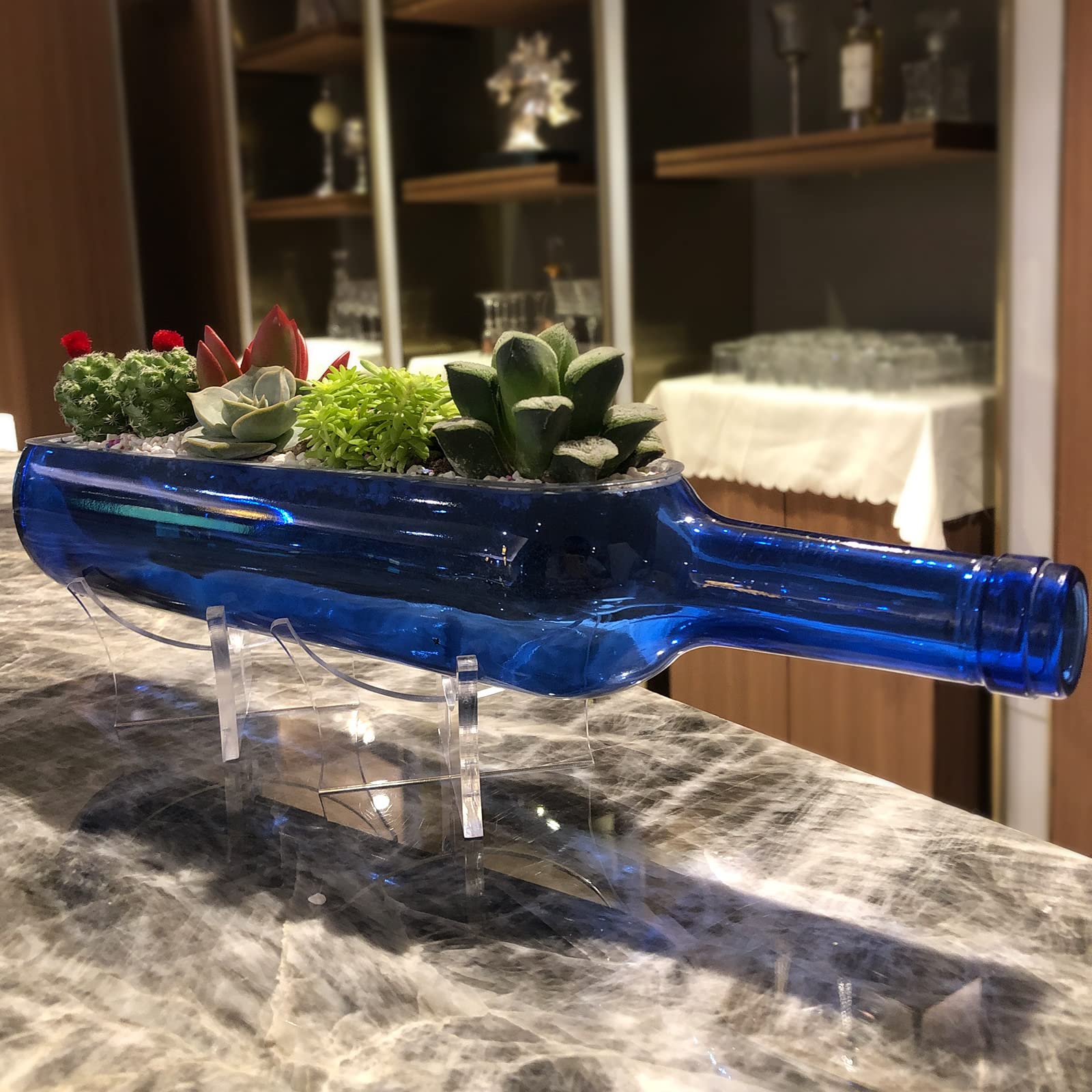 SHOXREM Glass Succulent Planter with Drainage Hole - Wine Bottle Style Flower Pot with Holder, Cork & Removable Plastic Liner - Perfect for Indoor Plants, Air Plants, Cacti, Herb Gardens & Artificial Plants (Blue) - Ideal for Home Decor, Office Desk & Gift Giving