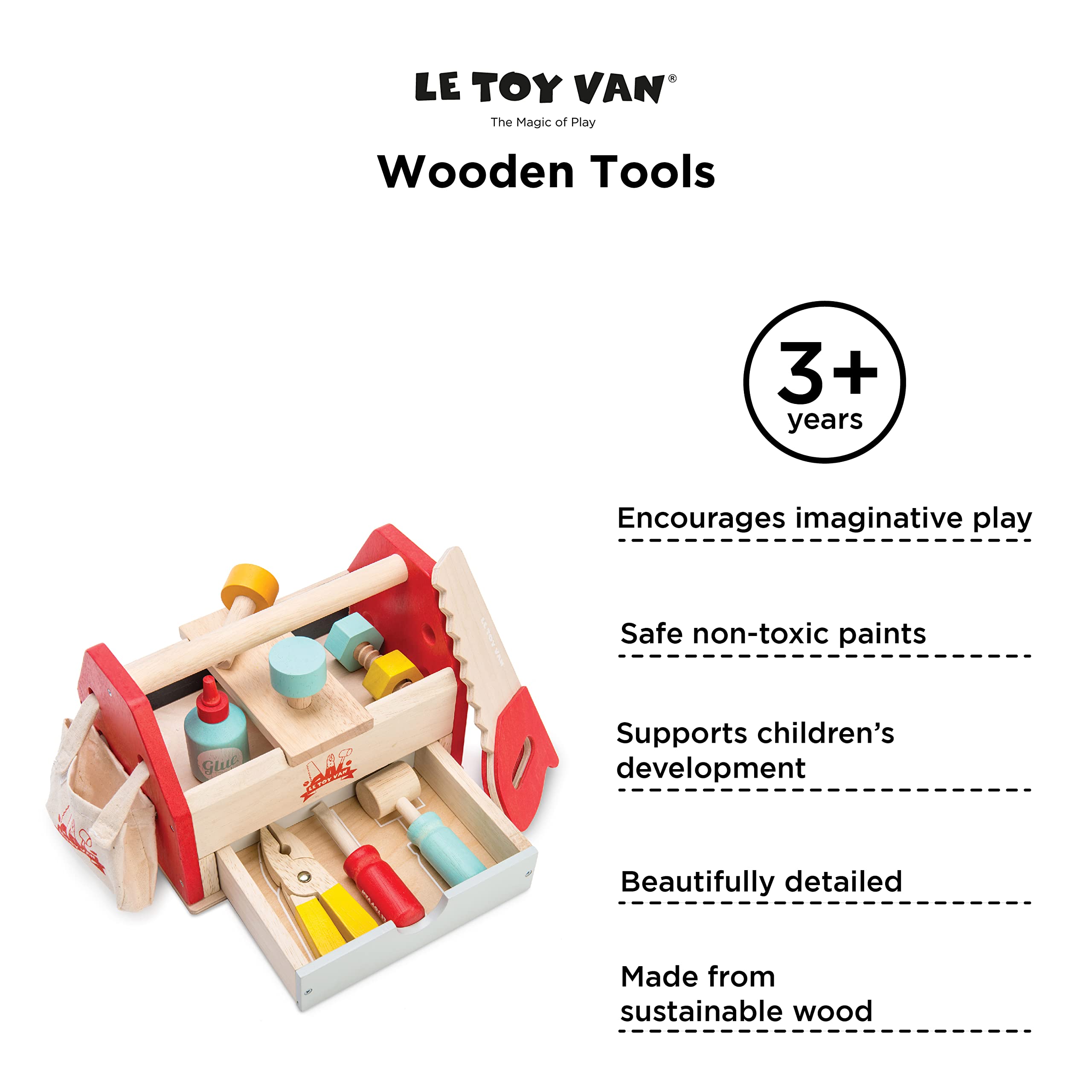 Le Toy Van - 12-Piece Wooden Tool Box Play Set for Kids | Educational Construction & Cars Pretend Play Toy for Boys & Girls Ages 3+ | Perfect for Role Play, DIY Projects & Early Learning Activities