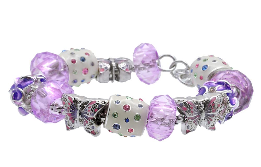 Delight Jewelry Silvertone Chicken 3D Purple Butterfly Beaded Charm Bracelet with 7