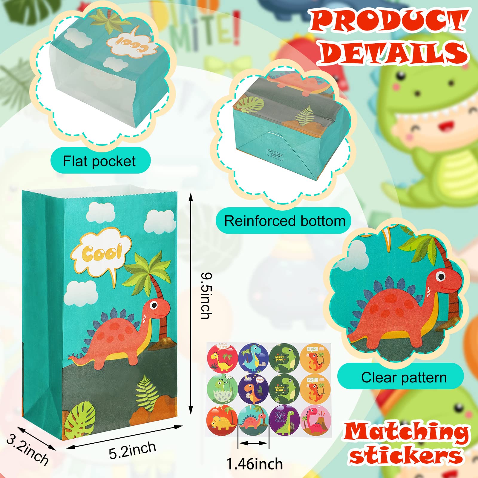 30 Pack Dinosaur Party Favor Bags with Matching Stickers - Dino Themed Treat Bags for Kids Birthday, Baby Shower & Graduation Parties - Perfect for Candy, Goodies & Small Gifts (Classic Design)