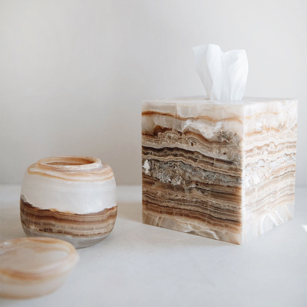 Hand Carved Amber Alabaster Tissue Box Cover - Elegant Home Decor for Living Room, Bedroom & Bathroom - Luxury Tissue Holder for Stylish Home Organization