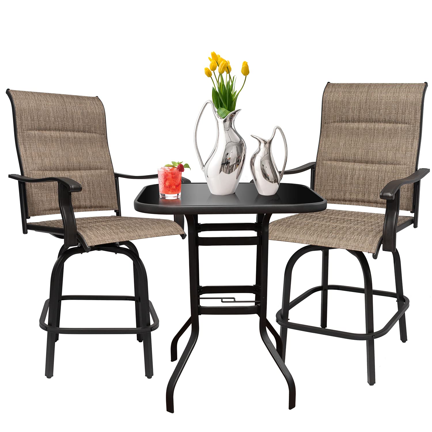 Outdoor Patio Swivel Bar Set - High Top Table & 2 Padded Textilene Chairs - Weather-Resistant Furniture for Backyard, Deck, Poolside & Garden Relaxation