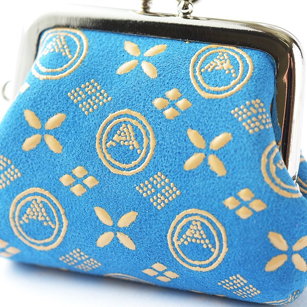 Japanese Deerskin Leather Coin Purse with Urushi Lacquer Clasp - Mt. Fuji Light Blue Pattern - Handmade in Japan - Elegant Change Purse & Gamaguchi Wallet for Daily Use, Travel, and Gift Giving