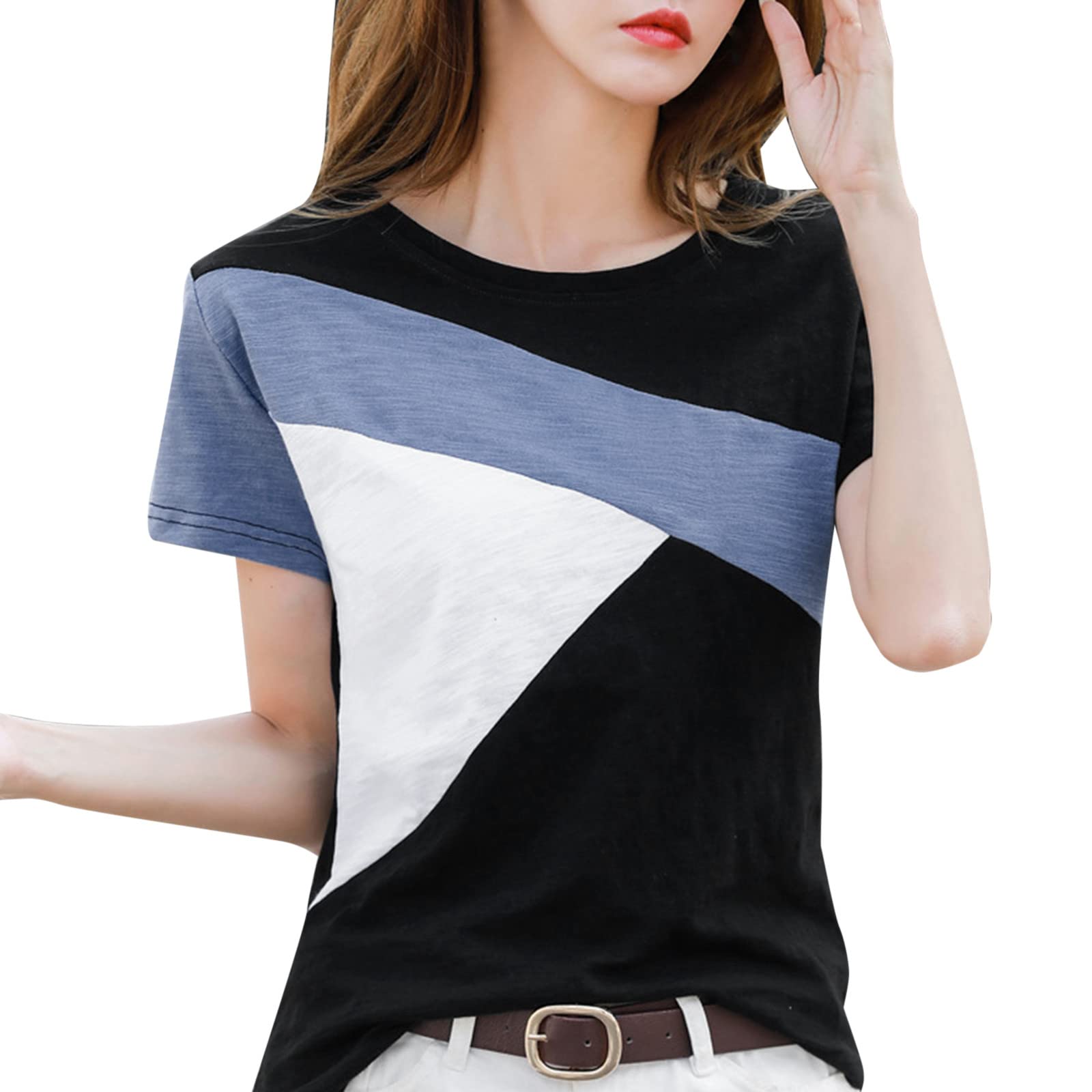 Winhurn Women's Summer Short Sleeve Crewneck Patchwork Color Block Tunic Top - Slim Fit Basic Blouse for Office Work & Daily Wear | Casual Outfits, Weekend Errands & Summer Fashion