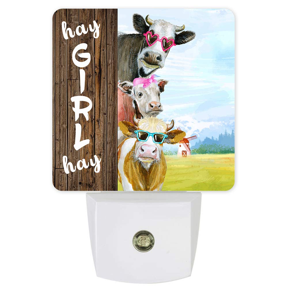 Dimmable LED Night Light with Auto Sensor - Plug in Wall Lamp for Bedroom, Bathroom, Nursery, Hallway & Stairs | Farmhouse Cow with Sunglasses Design | Perfect for Kids' Rooms, Nighttime Safety & Home Decor
