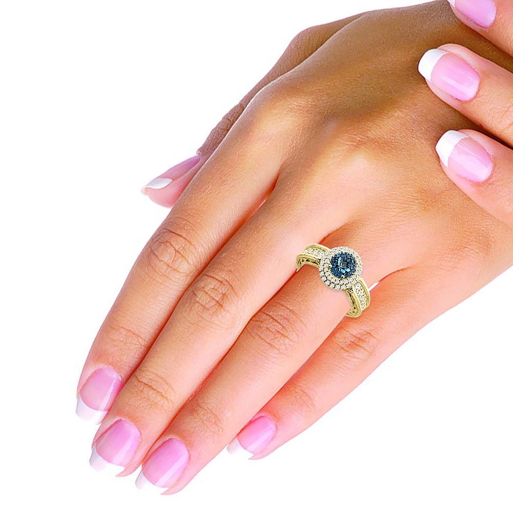 14K White Gold Natural London Blue Topaz & Diamond Halo Ring - Round 6mm Gemstone, Size 5-10 - Elegant Engagement, Anniversary or Gift Jewelry for Women