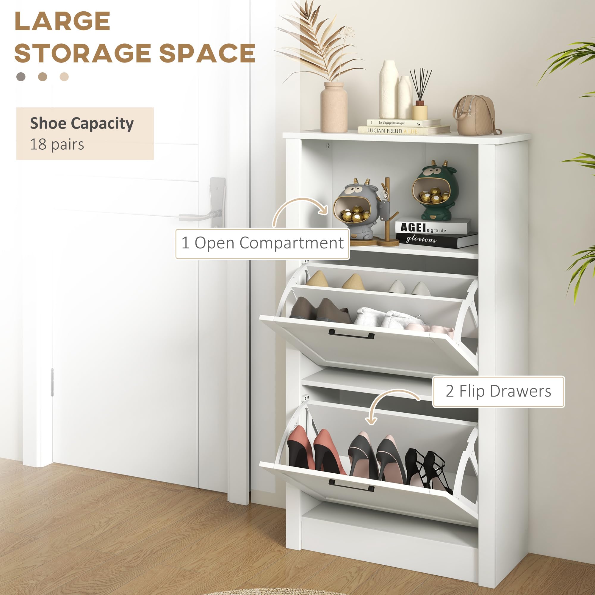 HOMCOM Shoe Cabinet - Freestanding Shoe Storage Organizer with 2 Flip Drawers, Adjustable Shelves & Open Compartment | Entryway, Hallway, Closet Storage | Holds 10 Pairs of Shoes | Perfect for Small Spaces & Home Organization