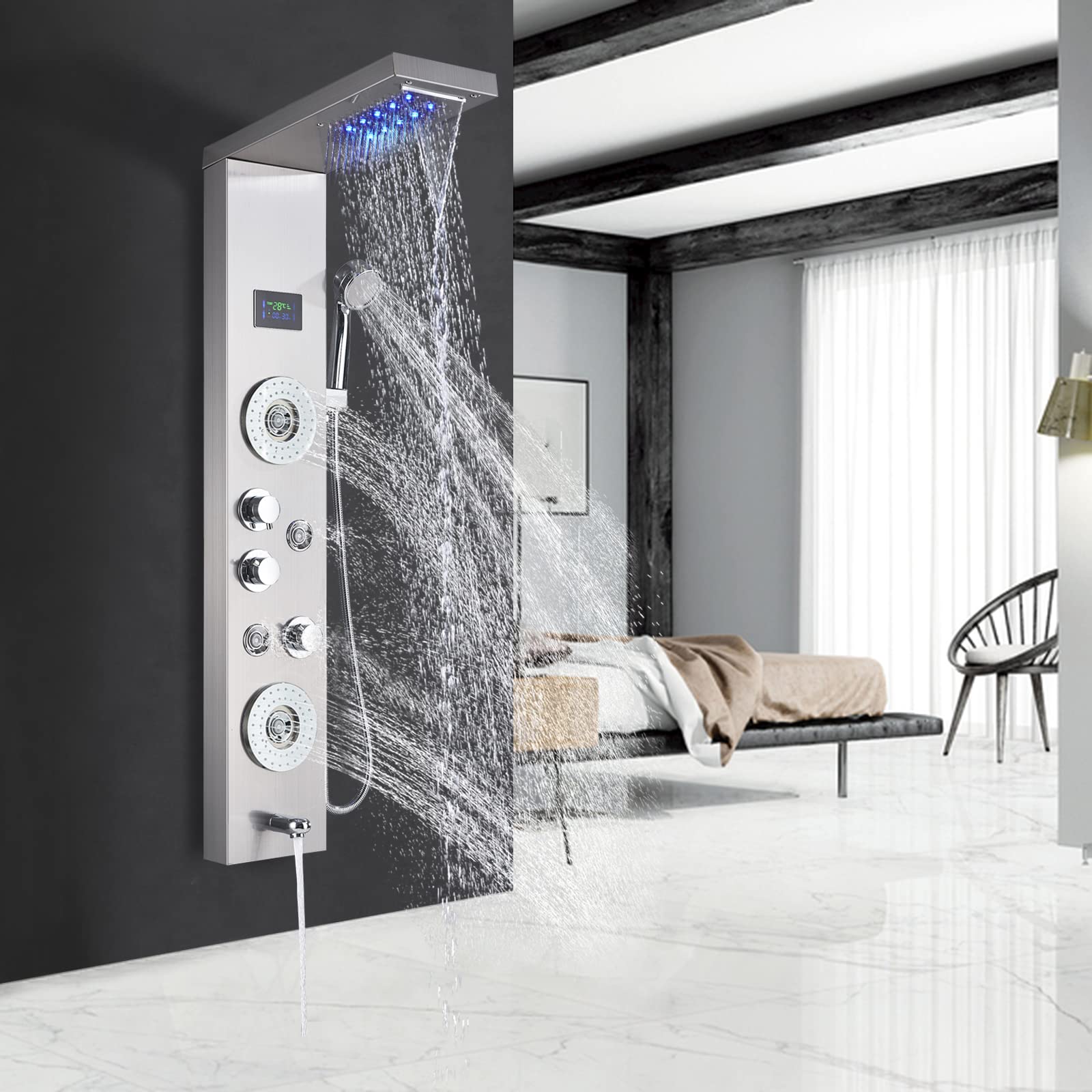 Zovajonia LED Rainfall Shower Panel System with Body Jets & Hand Shower - Stainless Steel Bathroom Shower Tower in Brushed Nickel - Perfect for Spa-Like Luxury & Modern Bathroom Upgrade