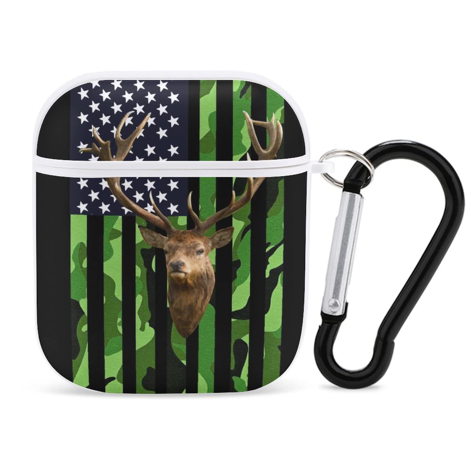 Deer Camo AirPods 1/2 Case with Keychain - Soft Plastic Protective Cover for Wireless Charging | Hunting Green Camouflage Design | Perfect for Outdoor Adventures & American Flag Enthusiasts