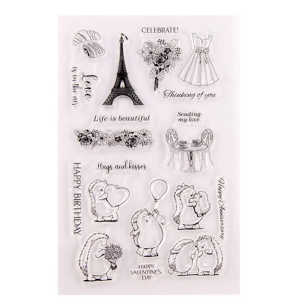 Happy Birthday & Anniversary Hedgehog Clear Stamps - Valentine's Day Love Hugs Kisses Rubber Stamps for DIY Card Making, Scrapbooking, Crafts - Perfect for Greeting Cards, Gift Wrapping & Home Decor