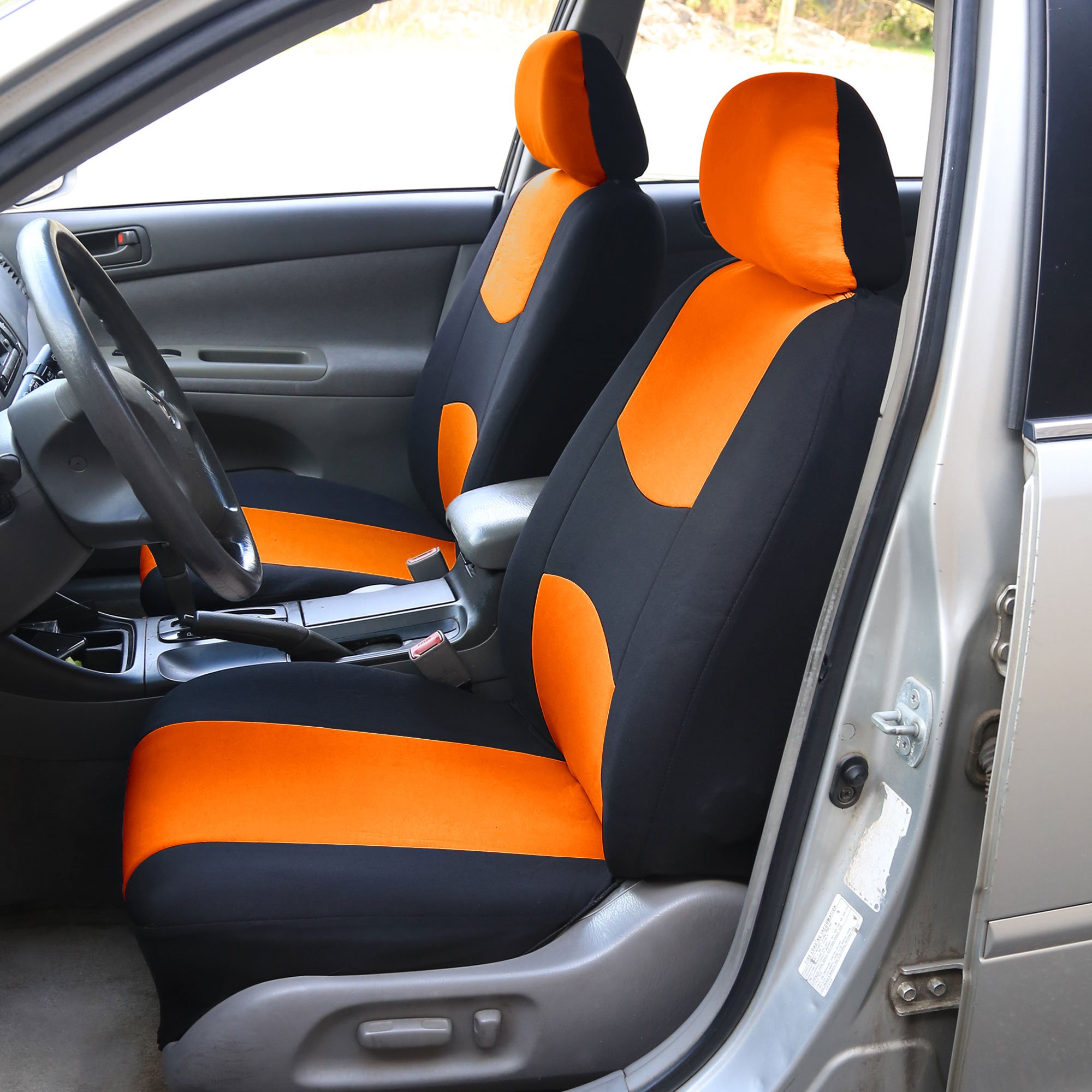 FH Group Universal Car Seat Covers - Full Set Orange Flat Cloth for Vans, Trucks & SUVs - Durable Interior Protection