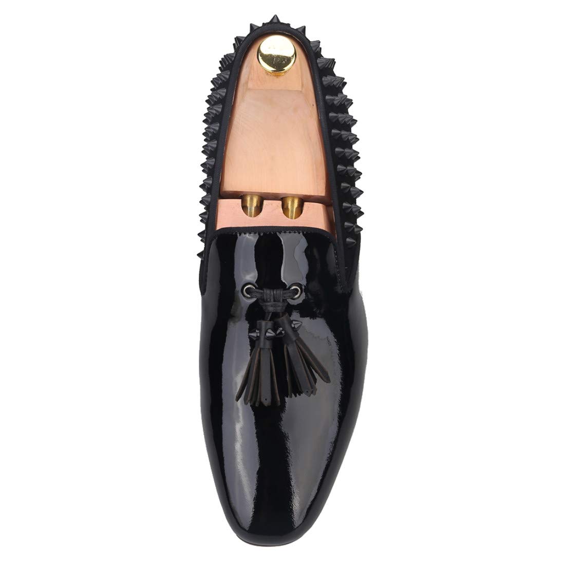 FERUCCI Black Patent Leather Loafers with Spikes - Women's Flat Shoes for Prom, Wedding & Formal Occasions - Comfortable Slip-On Dress Shoes for Parties and Evening Events