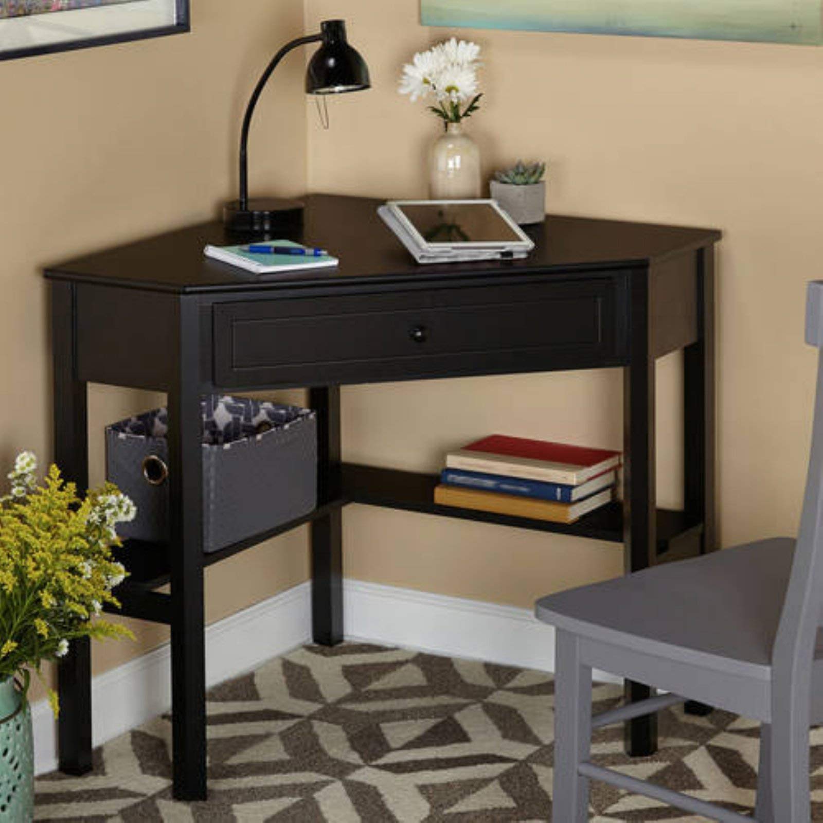 Compact Wooden Corner Writing Desk with Pullout Drawer & Shelf - Space-Saving Home Office Furniture for Small Spaces, Study Nooks & Studio Apartments - Multiple Finish Options (Wood/MDF Construction) - Perfect for Remote Work, Online Classes & Crafting Areas