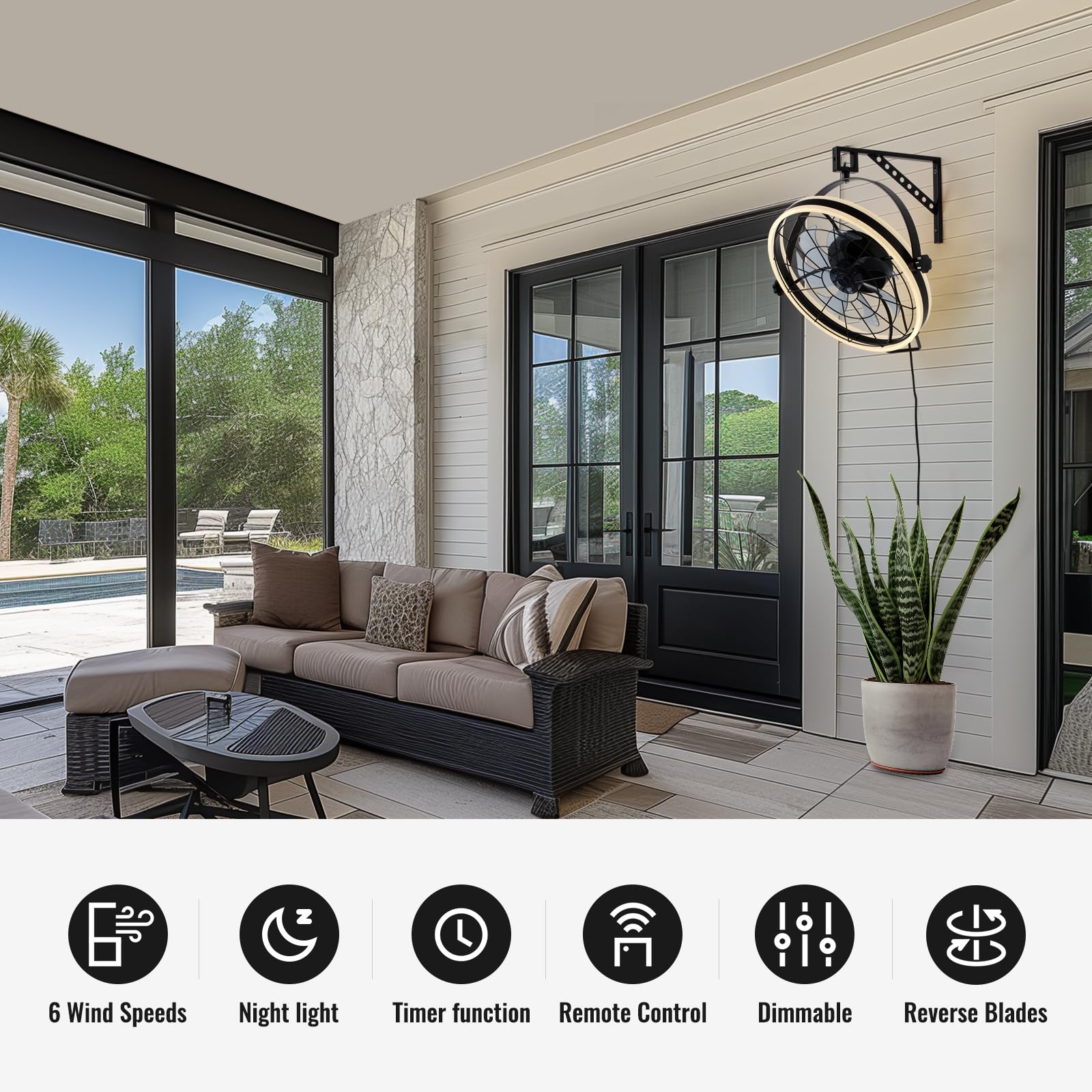 Siljoy 21 Inch Wall Mounted Fan with LED Lights - 6-Speed Remote Control Indoor Fan with Timer - Plug-in Wall Fan for Bedroom, Patio, Garage, Warehouse & Greenhouse - Perfect for Cooling & Air Circulation in Homes, Offices & Commercial Spaces