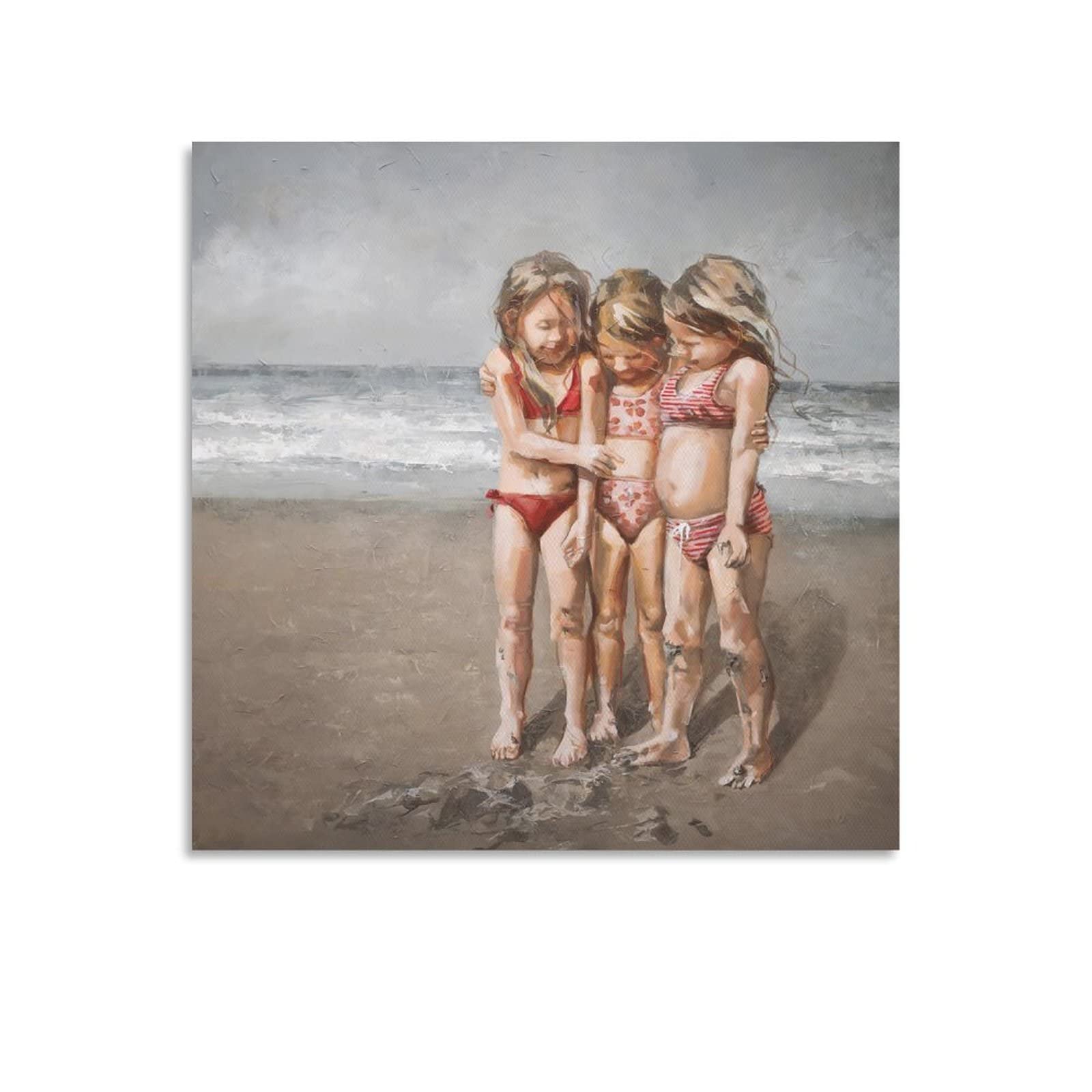 Rucatto Cute Oil Painting Canvas Wall Art - Three Little Girls Playing on Beach, 12x12inch (30x30cm) - Perfect for Living Room, Bedroom & Nursery Decor