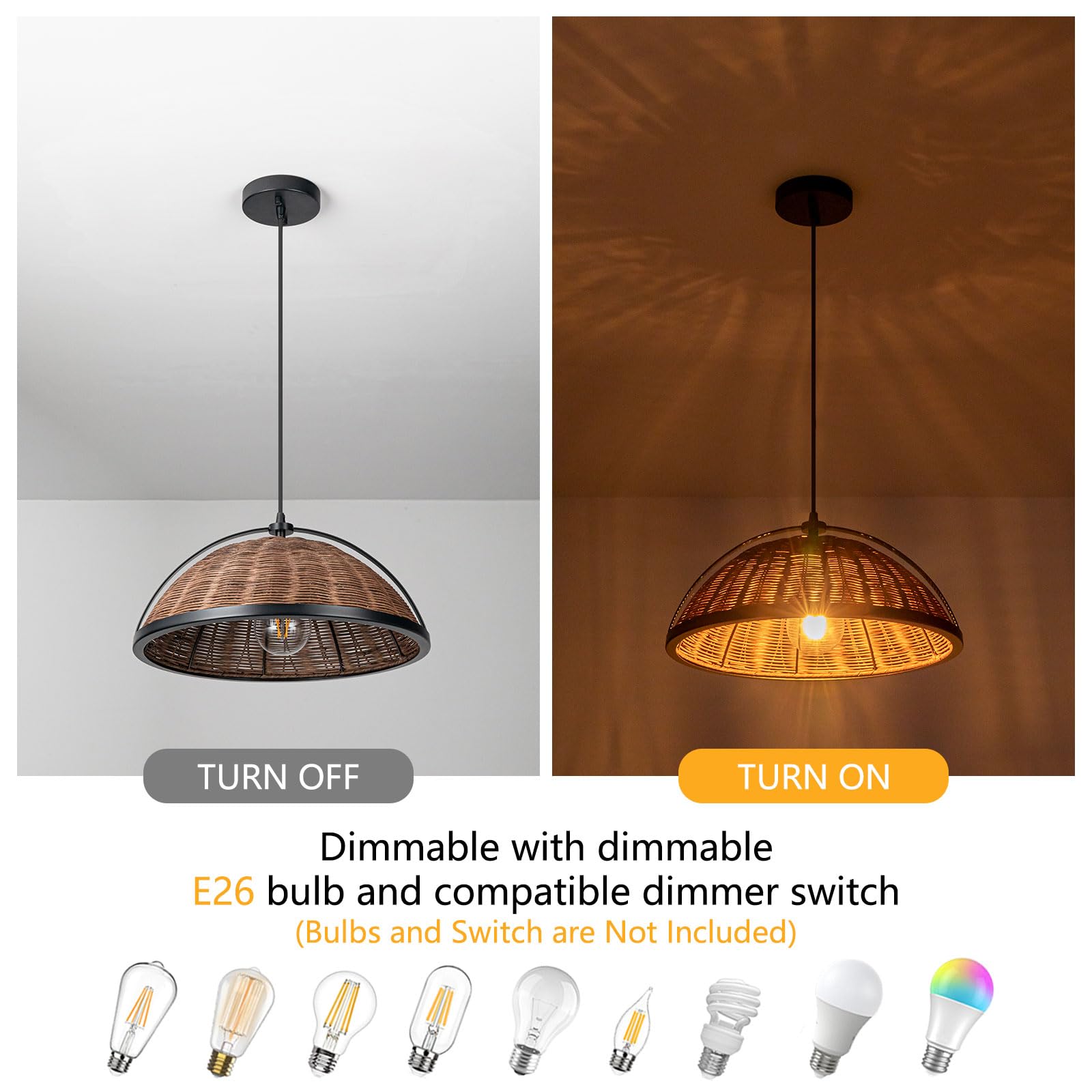 Handmade Woven Rattan Half Round Pendant Light Fixture - 2 Pack Adjustable Farmhouse Bohemian Hanging Lights for Kitchen Island, Dining Room, Bar & Bedroom - Natural Wicker Chandelier for Modern Boho Home Decor