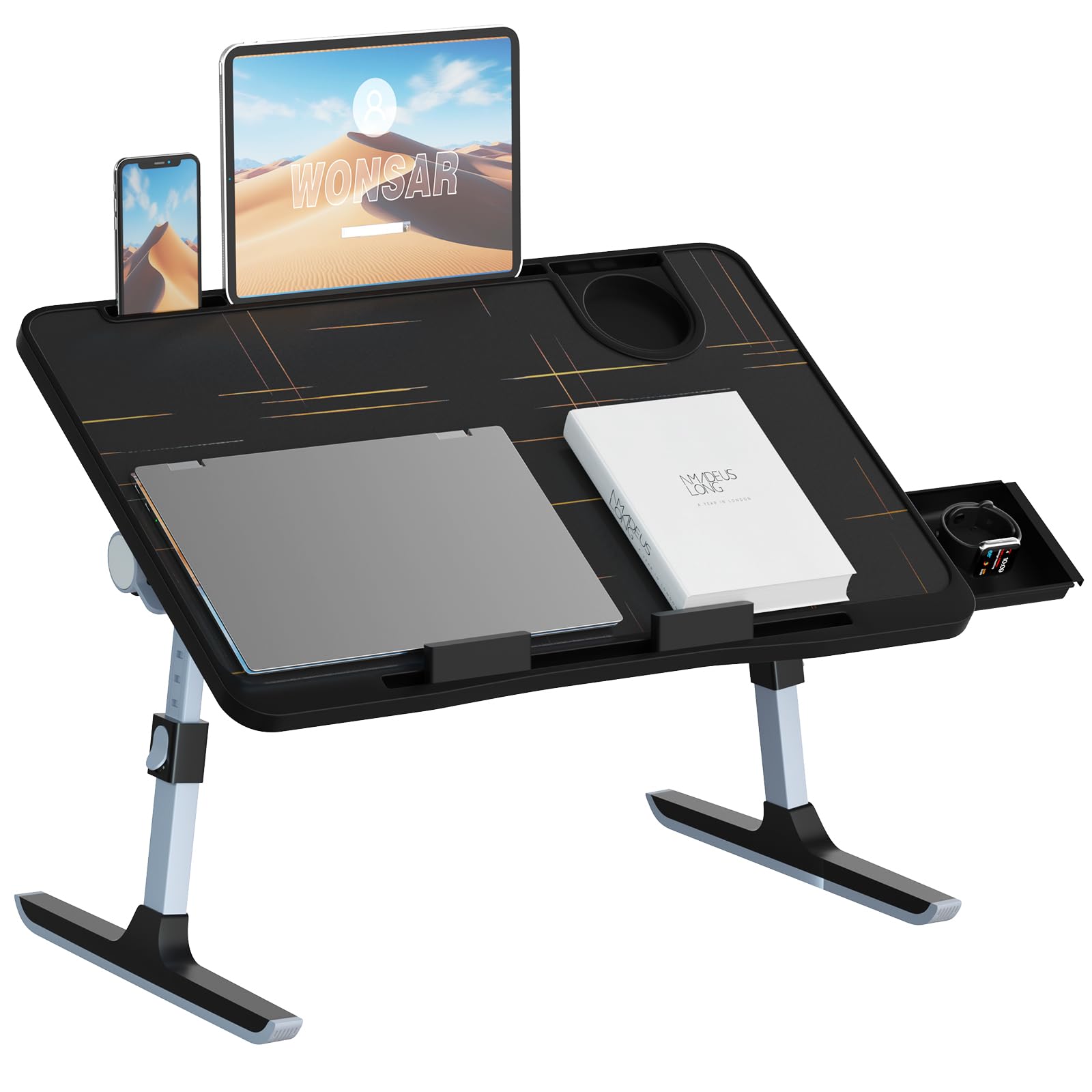 Adjustable Folding Lap Desk for Bed & Sofa - Portable Laptop Stand with Storage Drawer, Cup Holder & Bookstand - Perfect for Working, Eating, Writing in Bed, Couch or Floor (Home Office & Study Essential)