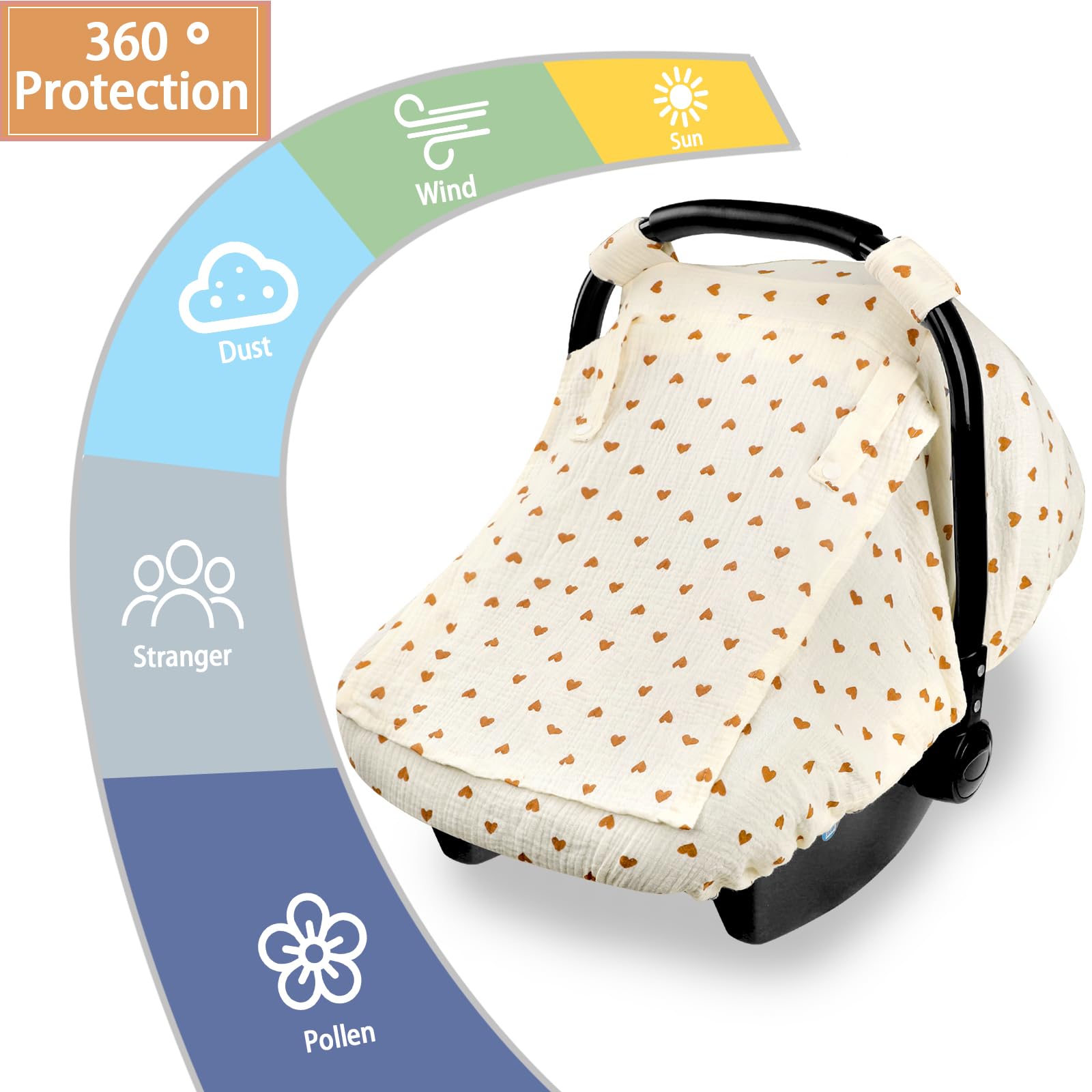 Hooyax Muslin Car Seat Cover for Babies - Ultra Soft, Breathable Universal Fit for Infants & Newborns | Summer Stroller & Car Seat Canopy Cover for Boys & Girls (Heart Design) - Perfect for Travel, Shopping & Outdoor Adventures
