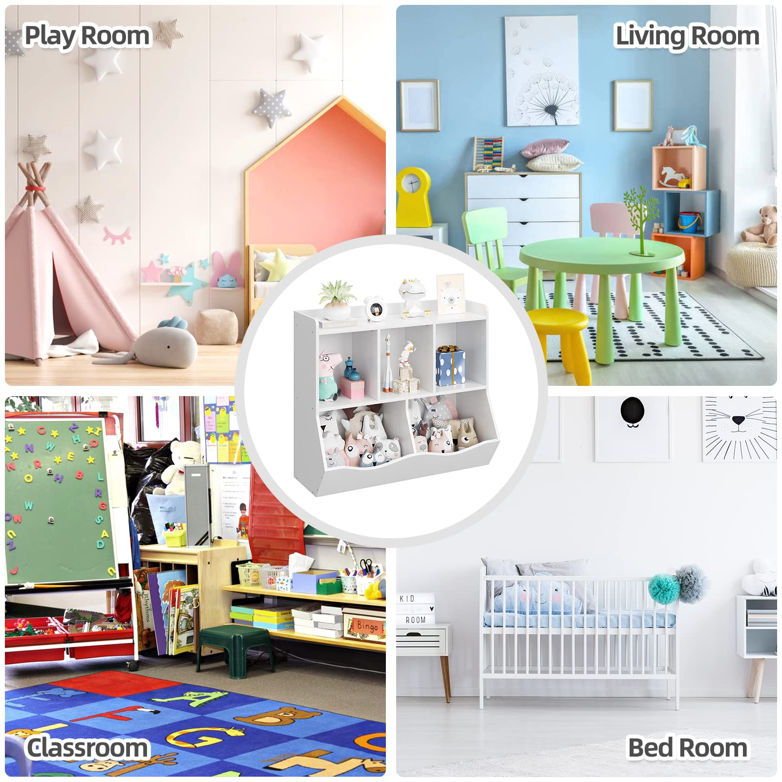 GAOMON Kids Bookcase with Toy Storage - 5-Tier Bookshelf Organizer for Boys & Girls, White Nursery & Playroom Furniture - Perfect for Bedrooms, Classrooms, Daycare Centers & Kindergarten Storage