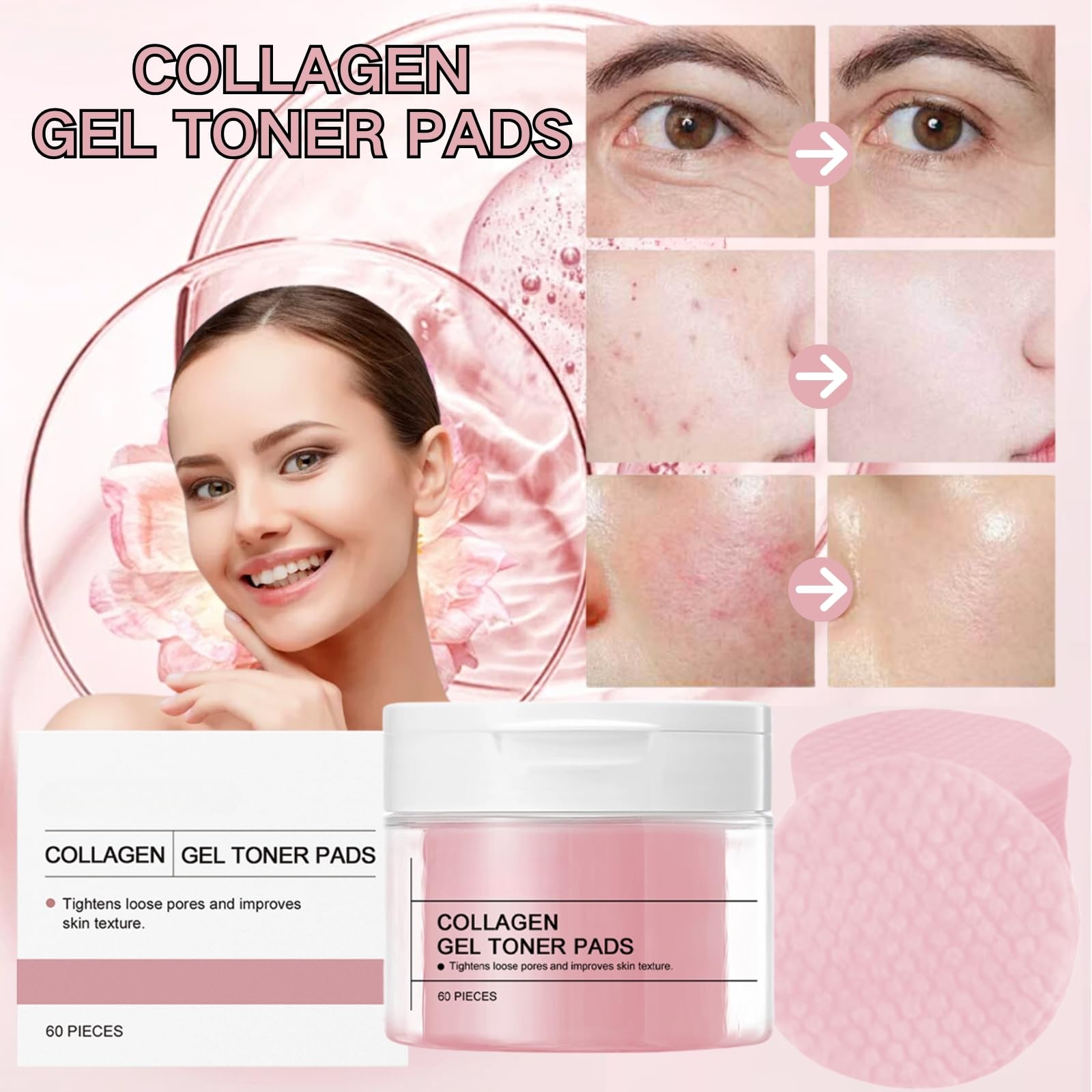 ISBEAUSOLS Collagen Toner Pads - Korean Skincare with Vitamin C & E - Hydrating & Firming for Daily Face Care