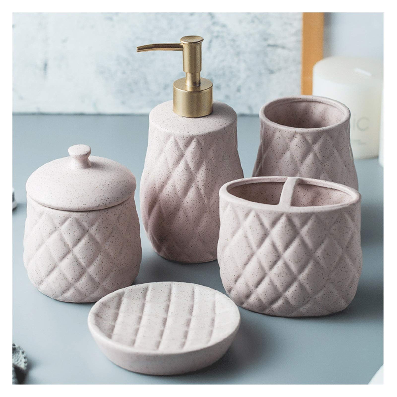 Elegant 5-Piece Diamond Bathroom Accessory Set - Soap Dispenser, Soap Dish, Toothbrush Holder, Tumblers & Cotton Swab Box in Pink & White | Modern Vanity Decor for Bathroom, Guest Room & Spa Style Makeup Counter Organization