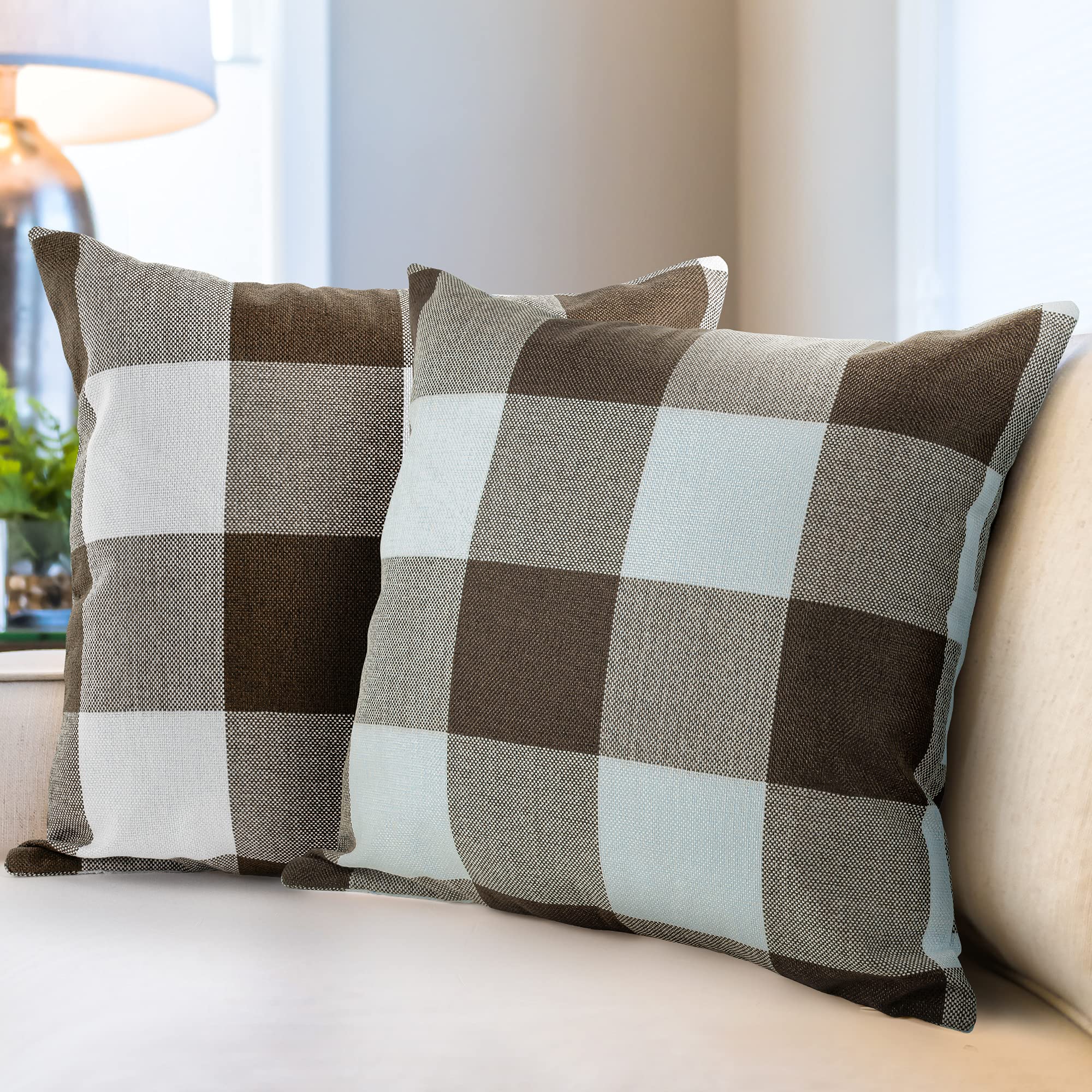 Zulay Home 2-Pack Buffalo Plaid Throw Pillow Covers 20x20 Inch - Farmhouse Style Decorative Pillow Cases for Indoor & Outdoor Use - Brown and White Polyester Square Cushion Covers - Perfect for Sofa, Bed, Porch, and Patio Decor
