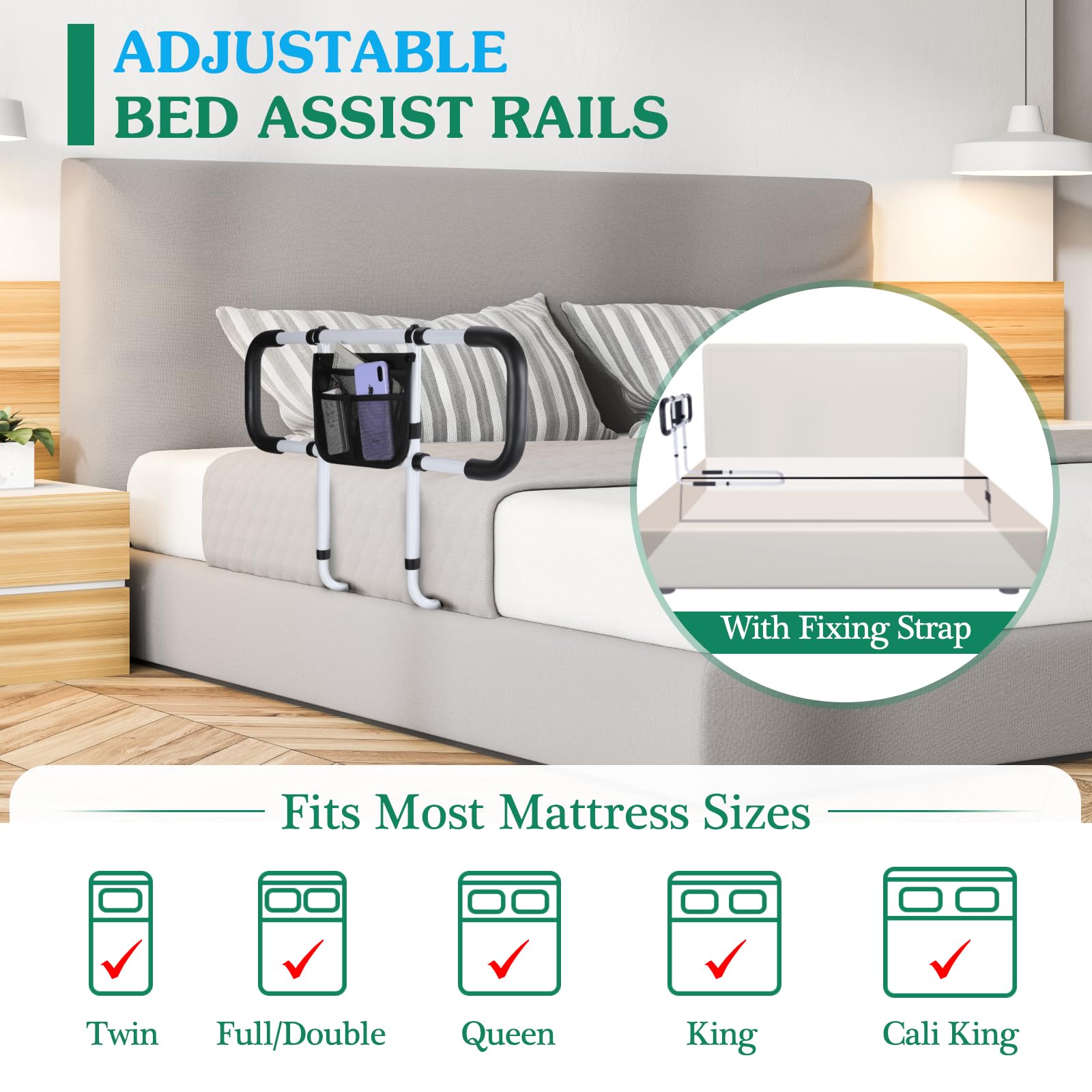 Elderly Bed Safety Rails - Adjustable Bed Assist Handles for Seniors with Storage Bag & Fixing Straps - Fits King, Queen, Full & Twin Beds - Ideal for Fall Prevention & Home Care Assistance