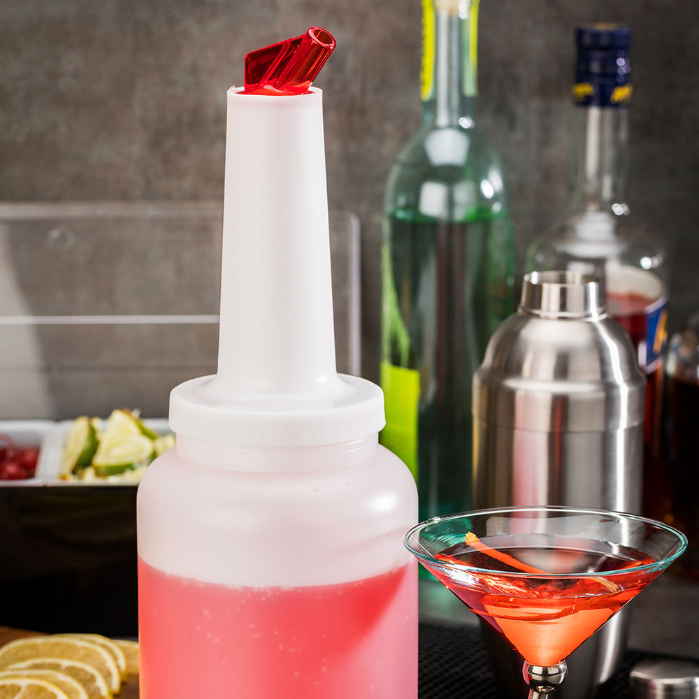 Bar Lux 2 Quart (64 oz) Plastic Quick Pour Storage Container Bottle with Red Spout & Lid - 4.75