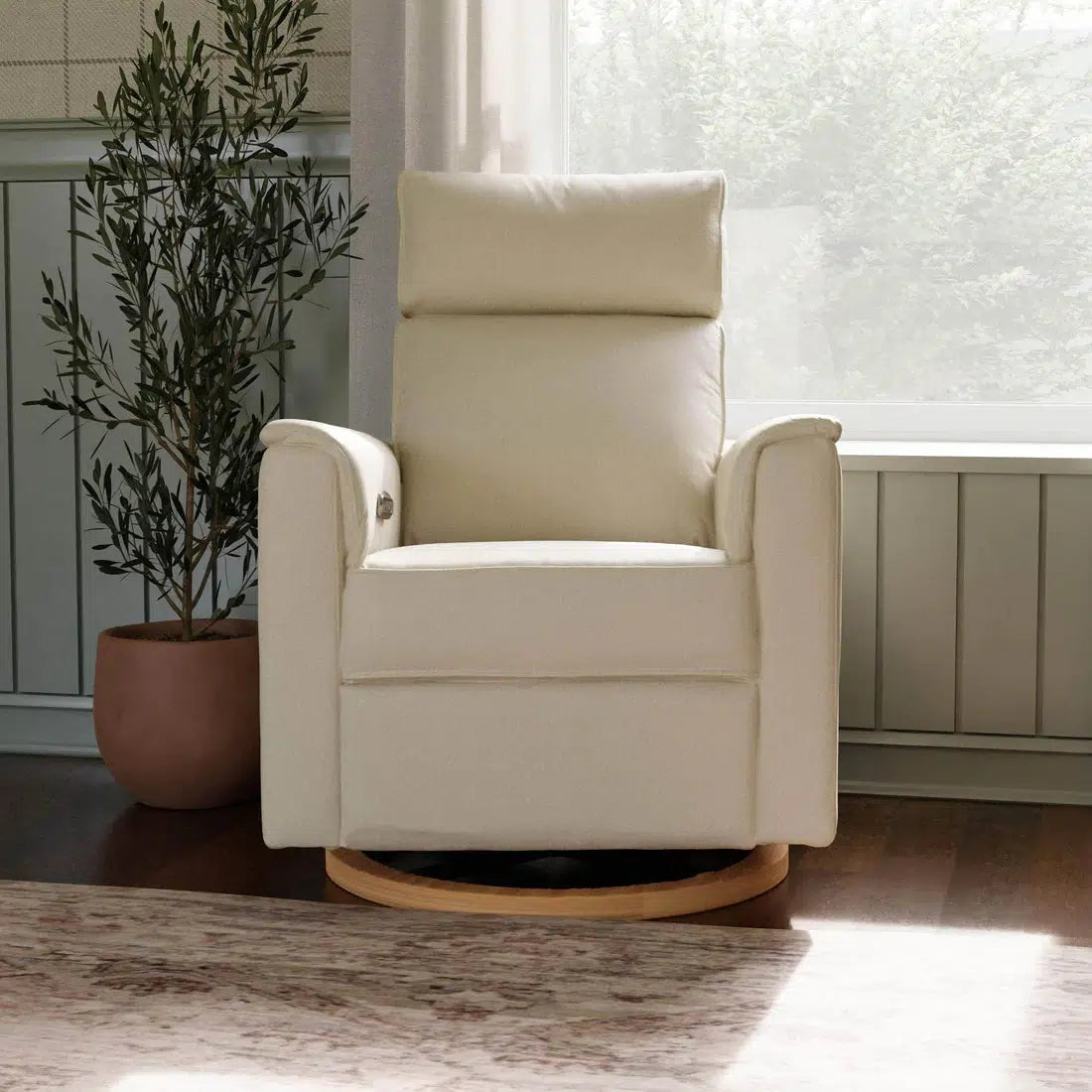 Monogram by Namesake Willa Power Recliner with Adjustable Headrest - Performance Cream Eco Weave Fabric & Wood Base - Exclusive Modern Living Room Chair for Home Theater & Relaxation