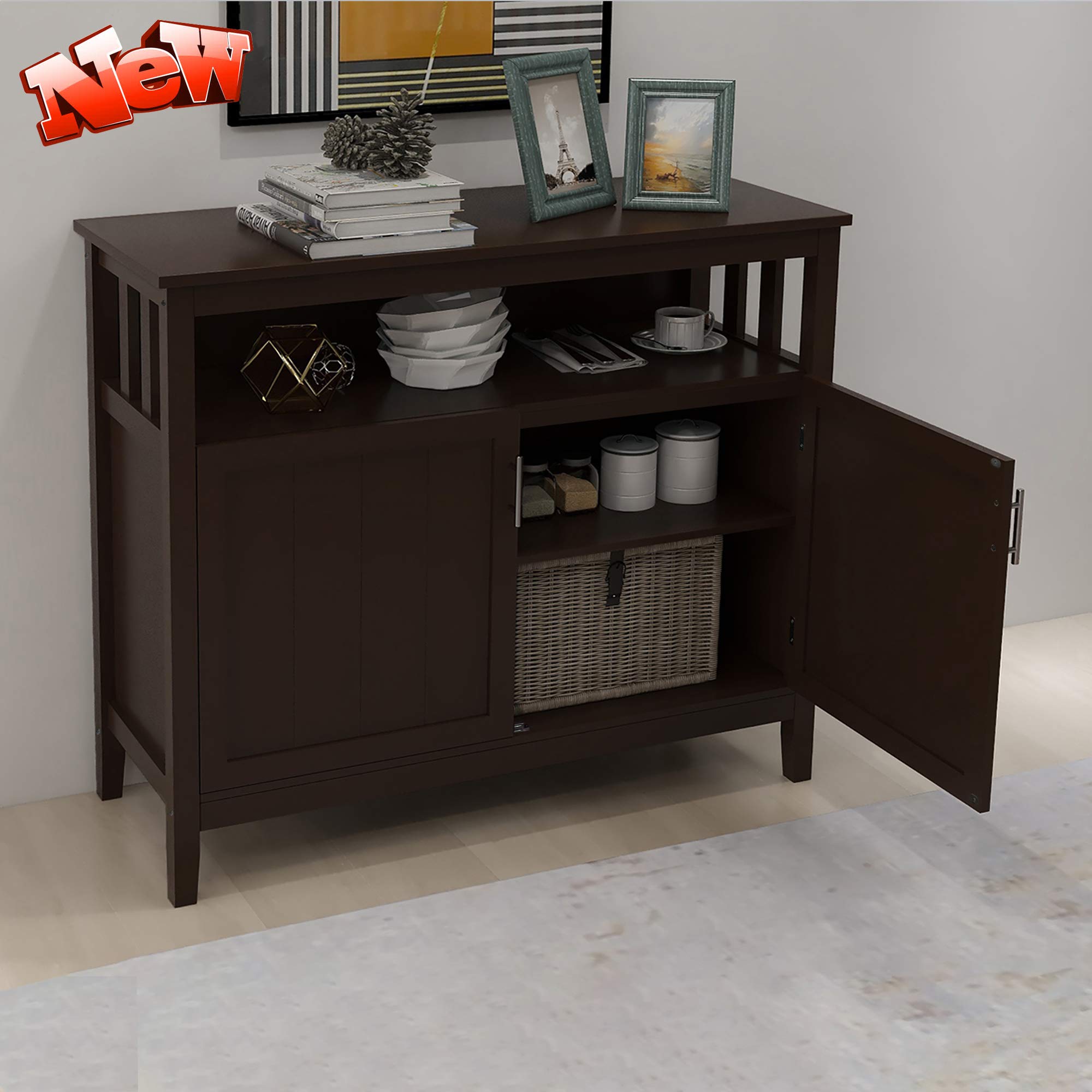Upgraded Modern Wood Kitchen Sideboard Buffet Cabinet - 2-Tier Storage with Open Shelf, Free Standing Dining Server Cupboard for Entryway, Living Room & Dining Room (Brown) - Perfect for Home Organization & Stylish Storage