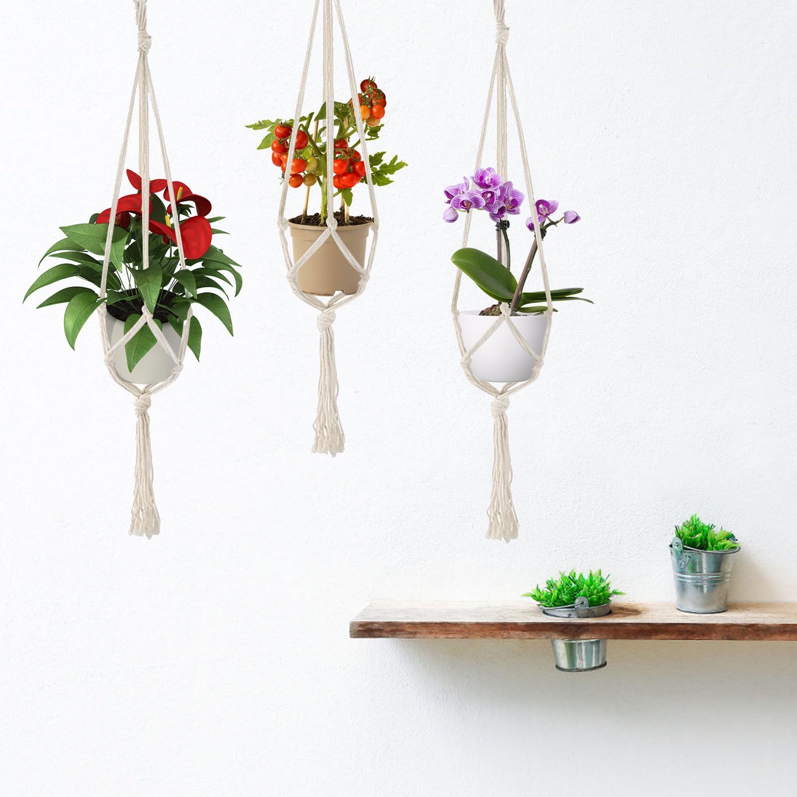 5 PCS Macrame Plant Hangers - 100% Handmade Cotton Rope Hanging Baskets with 10 Hooks for Indoor & Outdoor Plants | Boho Home Decor for Living Room, Bedroom, Balcony & Garden