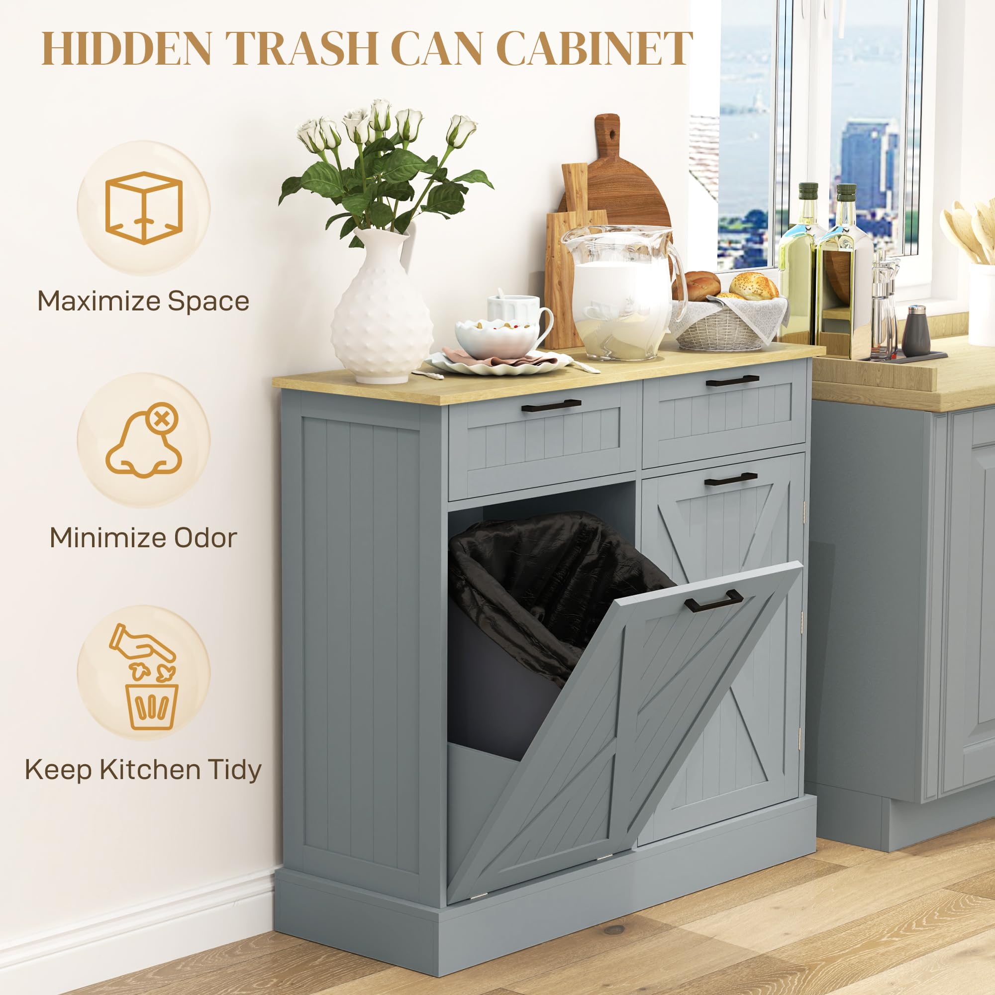 HOMCOM 10 Gallon Tilt-Out Trash Can Cabinet - Farmhouse Style Kitchen Storage with Hidden Trash Bin & 2 Drawers - Perfect for Laundry Room, Pantry, or Kitchen Organization (Gray)