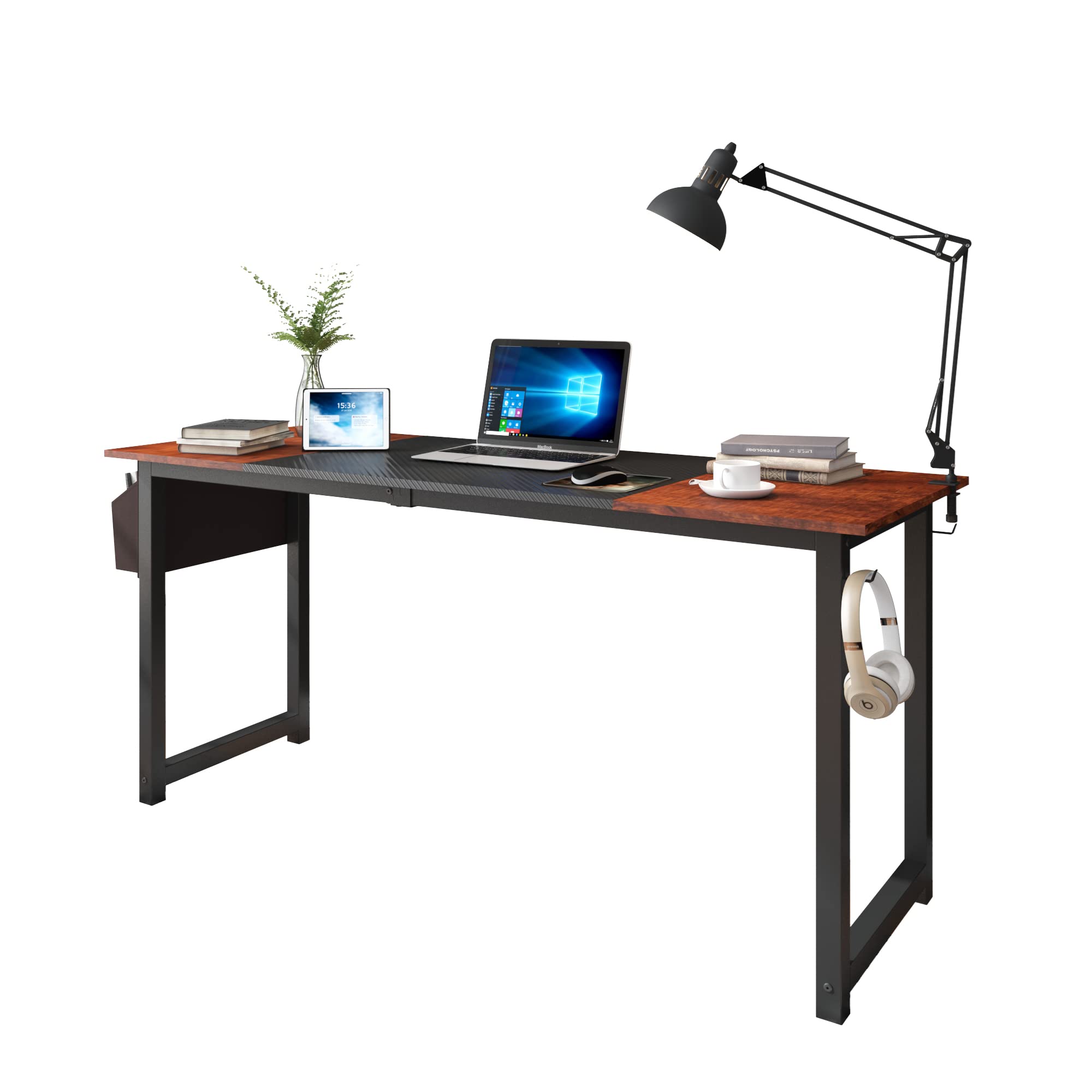 Decoholic 63 Inch Modern Industrial L-Shaped Computer Desk with Storage Bag & Hook - Black & Sandalwood Two-Tone Home Office Desk for Workstation Setup, Gaming, Study & Remote Work