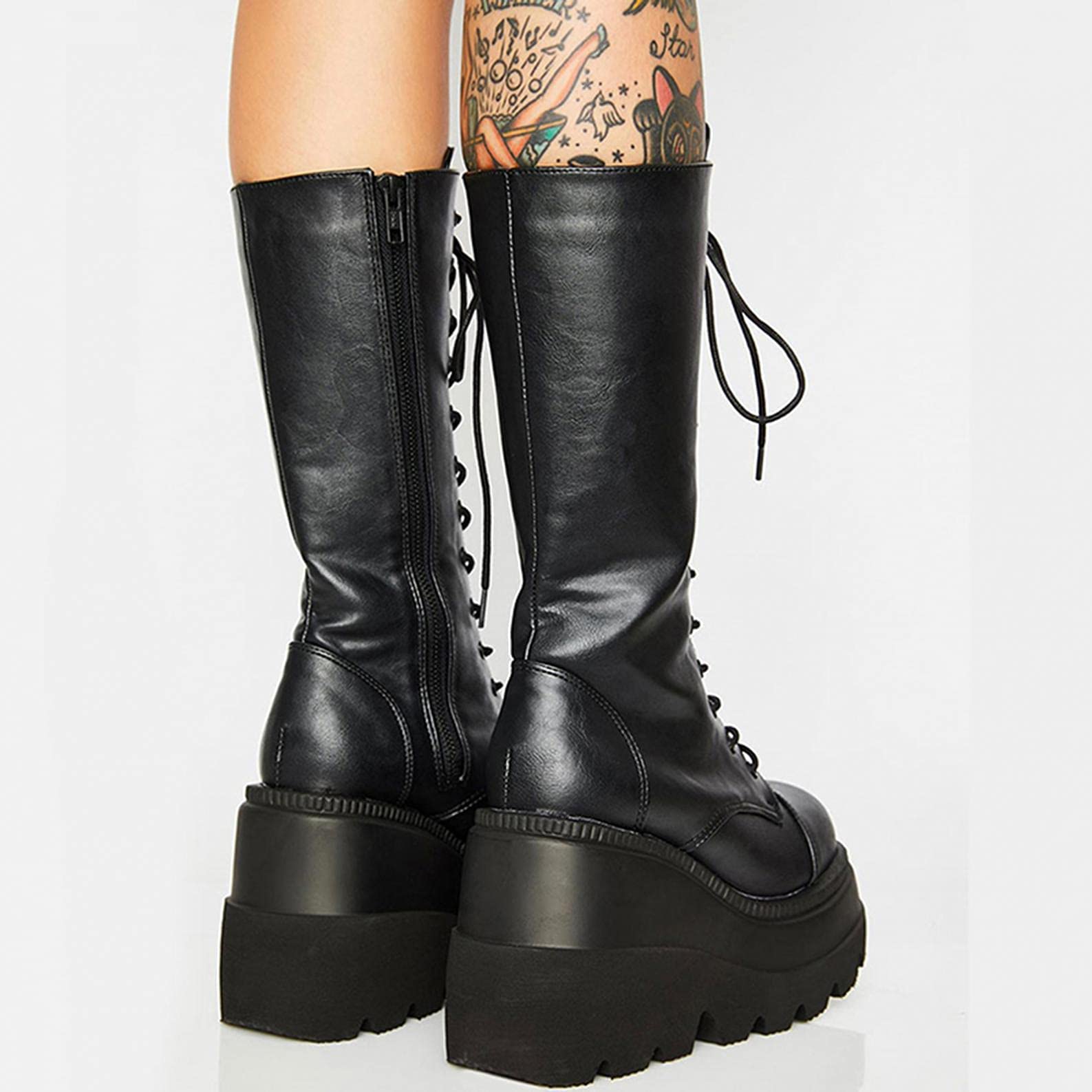**Gothic Punk Platform Boots for Women - Knee High Motorcycle Combat Boots with Rivets & Lace Straps | Gothic Fashion, Halloween Costume, Cosplay & Night Out**