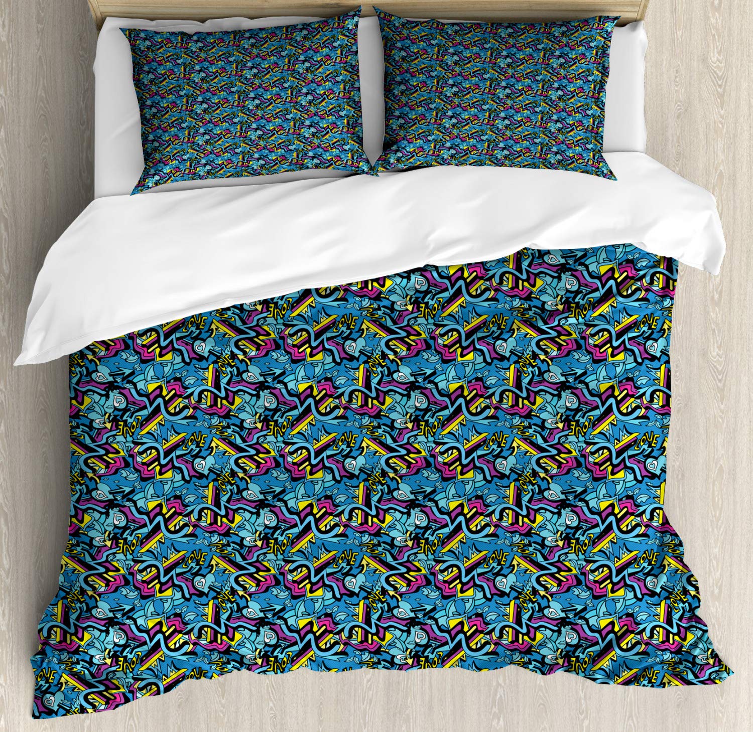 Psychedelic Duvet Cover Set King Size - Graffiti Art with Lips, Hearts & Arrows Love Design - 3 Piece Bedding Set Includes Duvet Cover & 2 Pillow Shams - Vibrant Sea Blue Multicolor for Teen & Adult Bedrooms - Perfect for Modern Home Decor, Dorm Room or Gift Idea