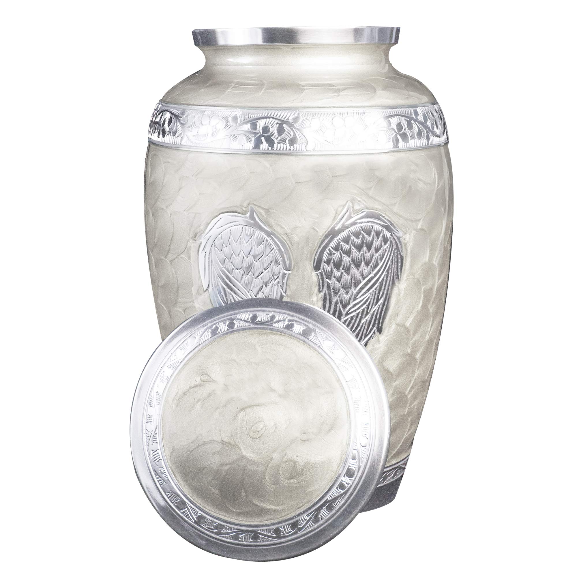 White Angel Wings Funeral Cremation Urn with Matching Keepsake Velvet Bags - Personalized Memorial Urn for Ashes (Pearl White, Large) - Perfect for Funeral Services, Memorial Displays & Home Keepsakes