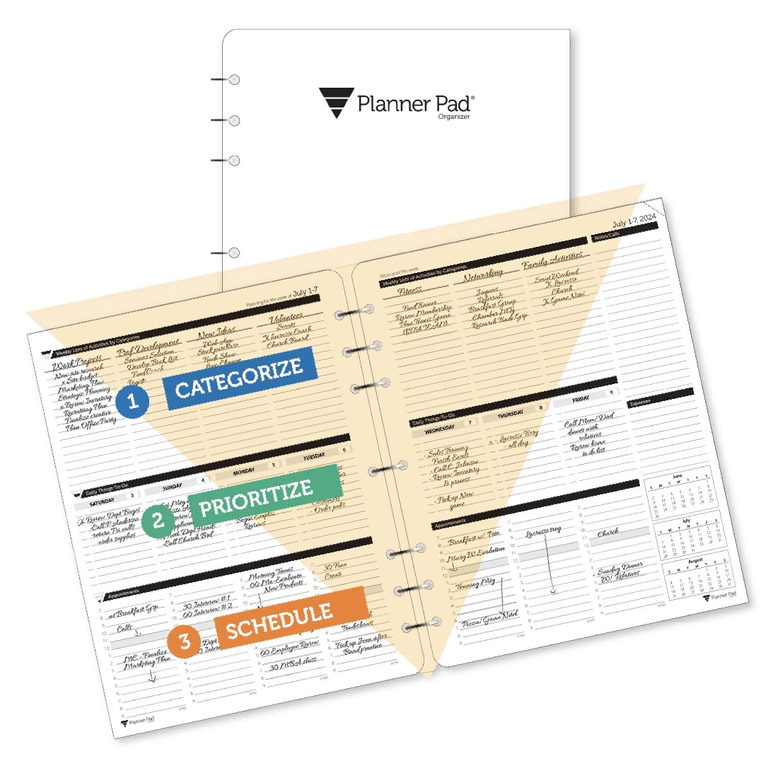 7-Hole Loose Leaf Planner Pad - 3-Tier Funnel Down System | 12-Month Organizer for Academic Year July 2024-June 2025 | 8.5