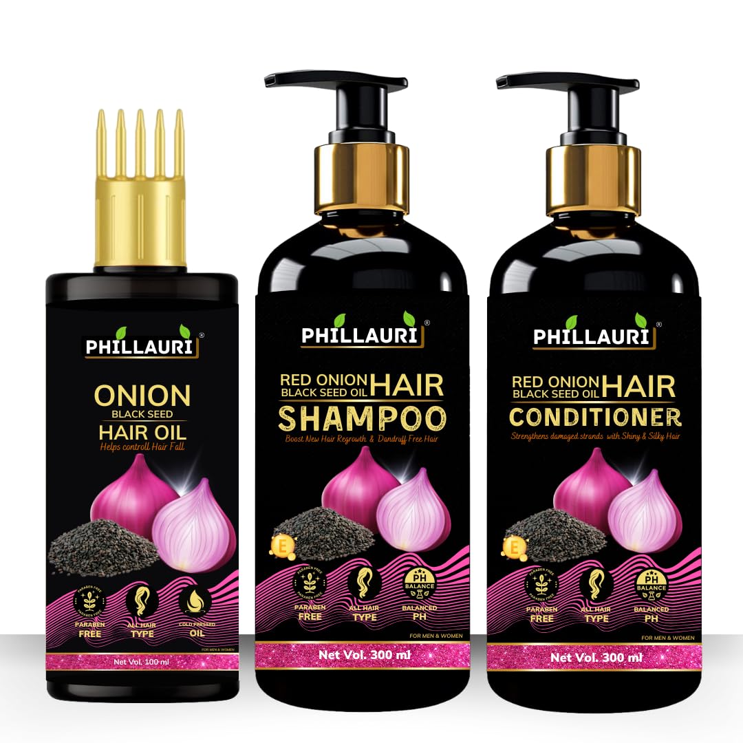 Phillauri Anti Hair Fall Hair Care Set - Onion Hair Oil 100ml + Onion Shampoo 300ml + Onion Conditioner 300ml for Hair Loss Control & Hair Growth | Reduces Breakage & Nourishes Scalp | Perfect for Daily Hair Care Routine