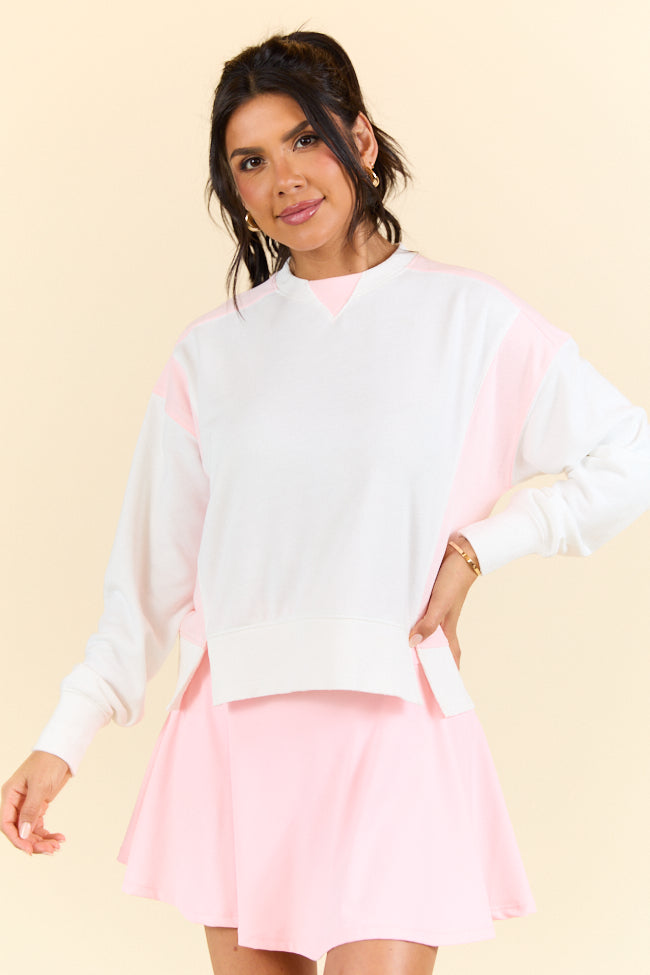 Overtime Pink and White Color Block Sweatshirt for Women | Trendy Casual Pullover | Perfect for Workouts, Lounging & Street Style