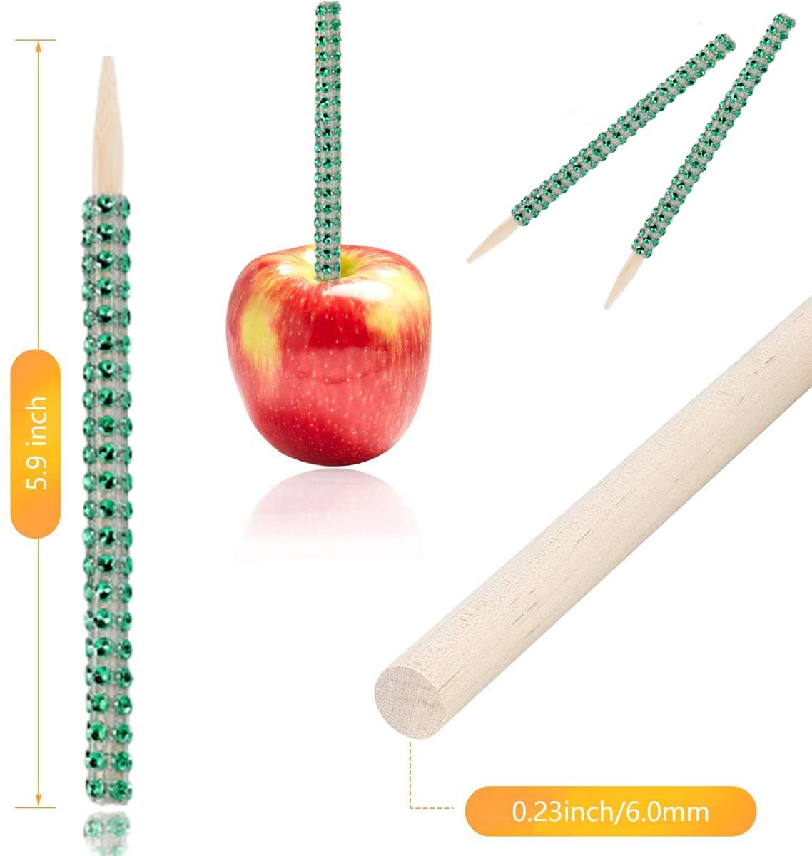 32 PCS Bling Candy Apple Bamboo Sticks with Rhinestones - Caramel Apple Wooden Skewers for Fruit Treats, Dessert Table Decor - Perfect for Tea Party, Birthday, Wedding & Christmas (Green)