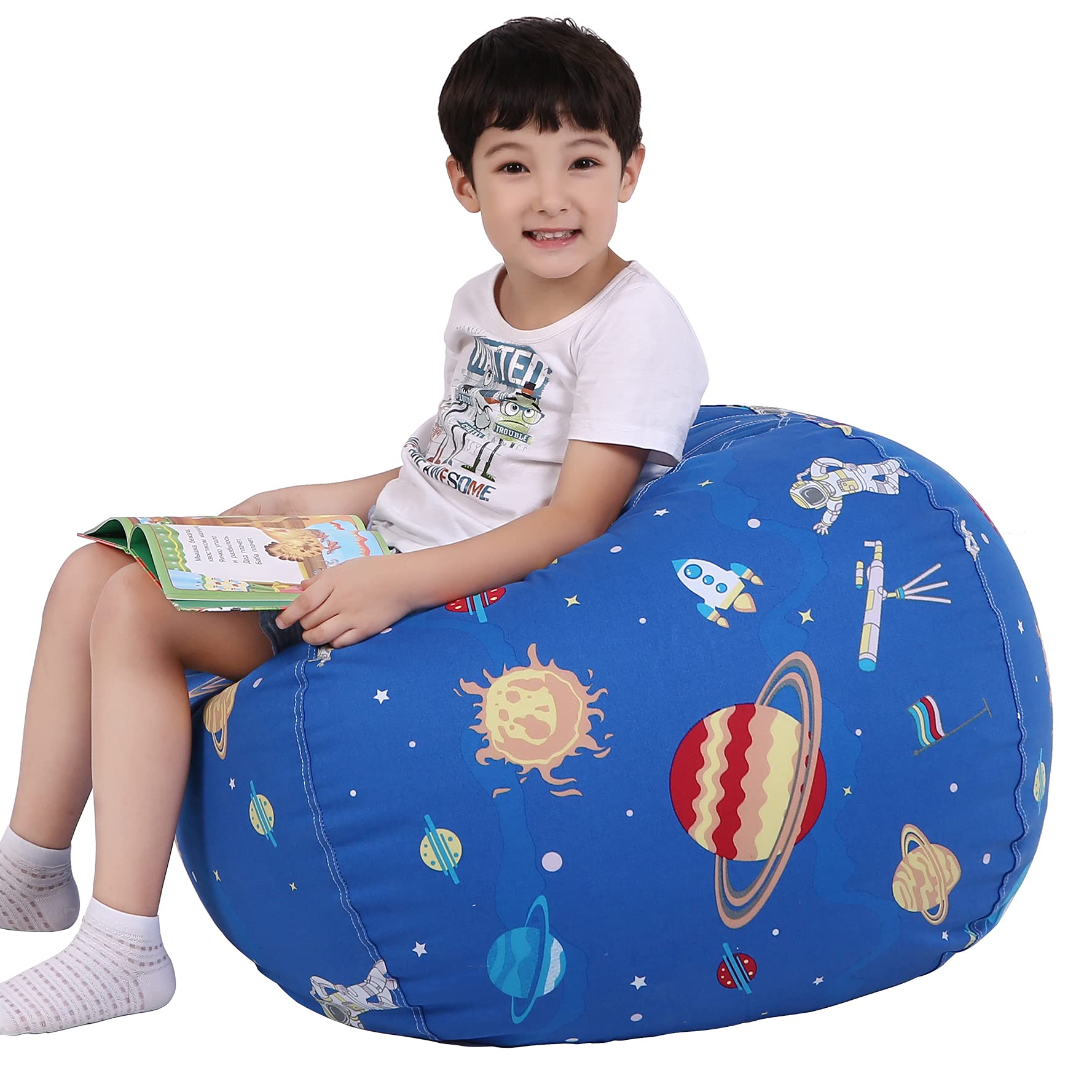 Lukeight Stuffed Animal Storage Bean Bag Chair Cover for Kids - Large Space-Themed Organizer with Zipper for Plush Toys, Perfect for Toddler & Kids' Room Decor and Toy Organization (Outer Space Design)