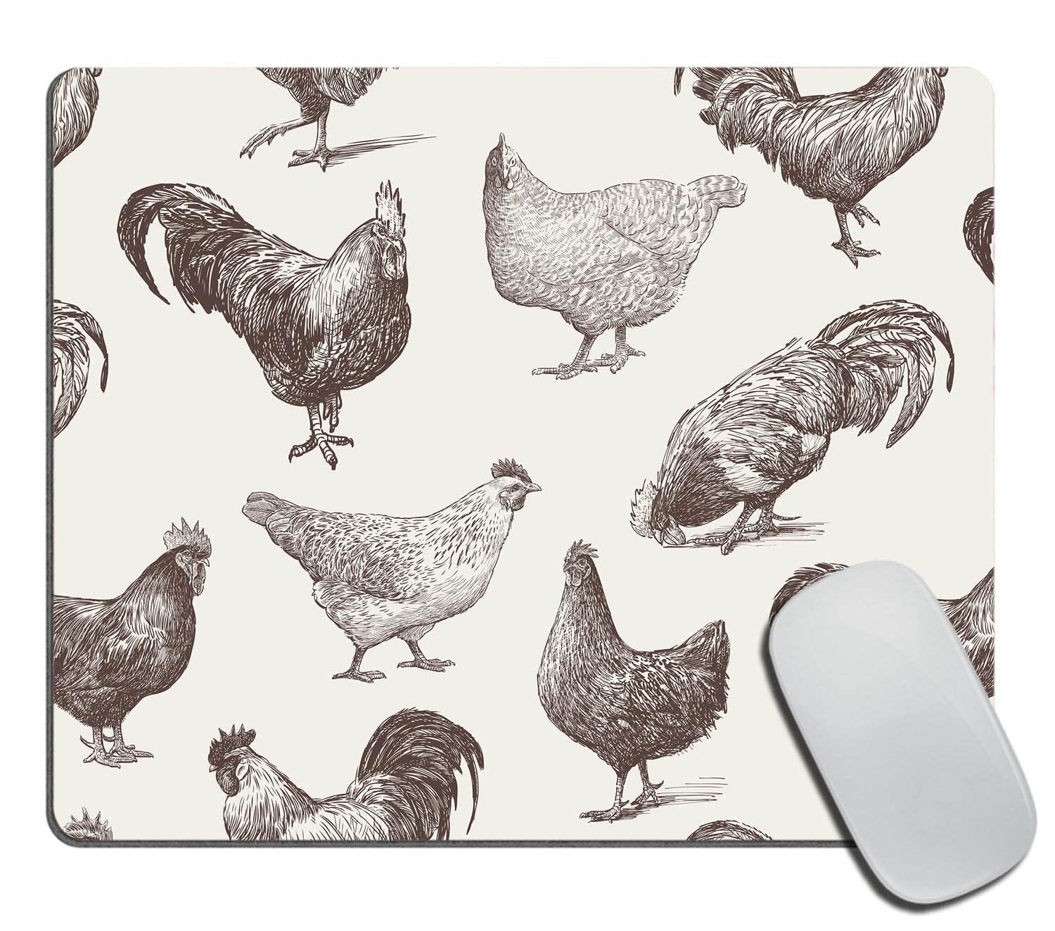 Chicken and Rooster Sketch Mouse Pad - Washable Square Cloth Mousepad with Non-Slip Rubber Base for Office, Laptop, Wireless Mouse | Perfect for Home, Office & Gaming Desks